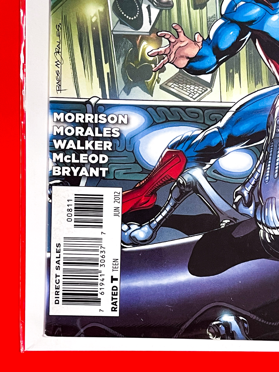 Bottom left corner of Action Comics #8 | Rags Morales Cover