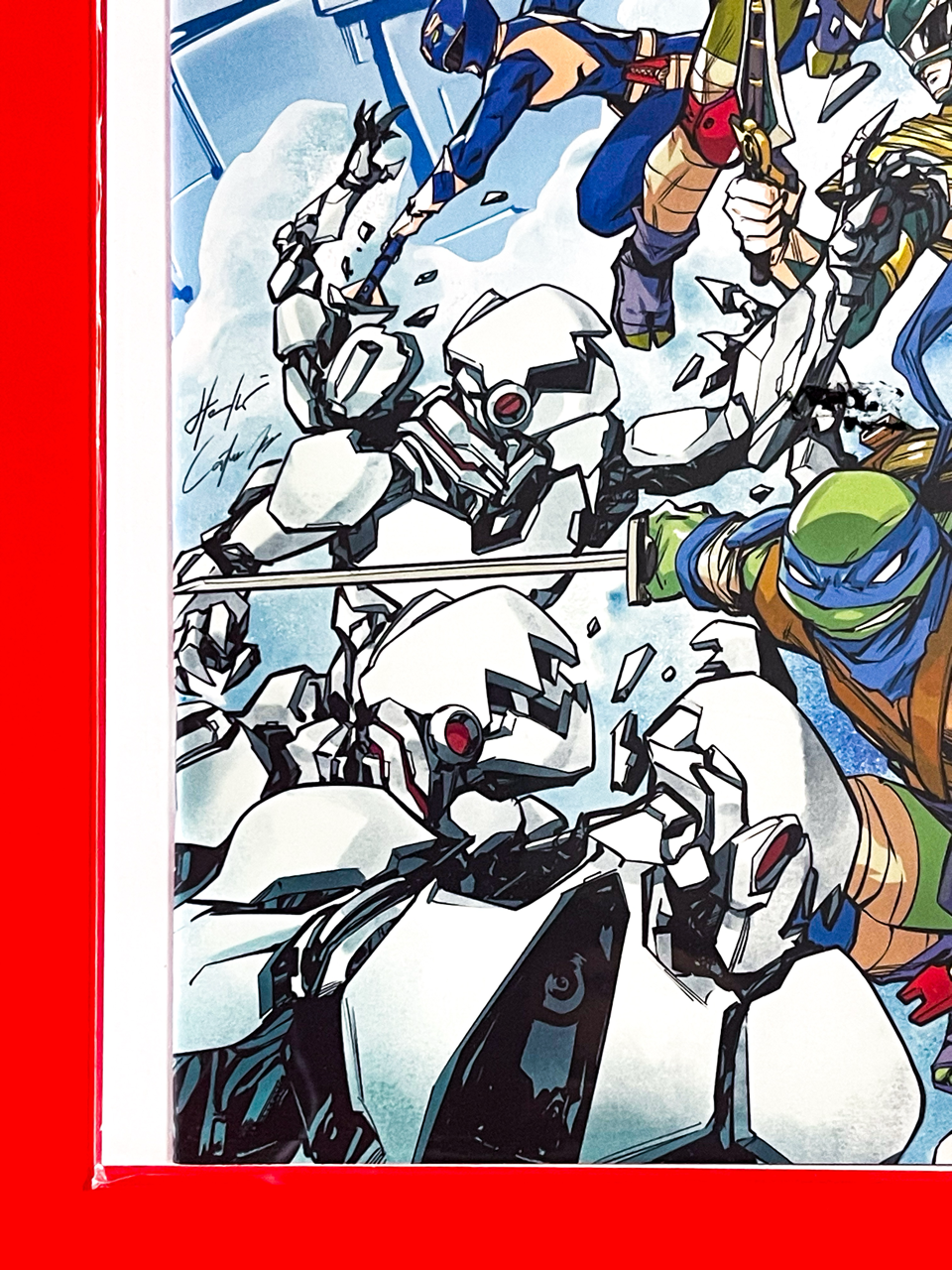 Bottom left corner of Mighty Morphin Power Rangers & Teenage Mutant Ninja Turtles III #4 | Hendry Prasetya Cover