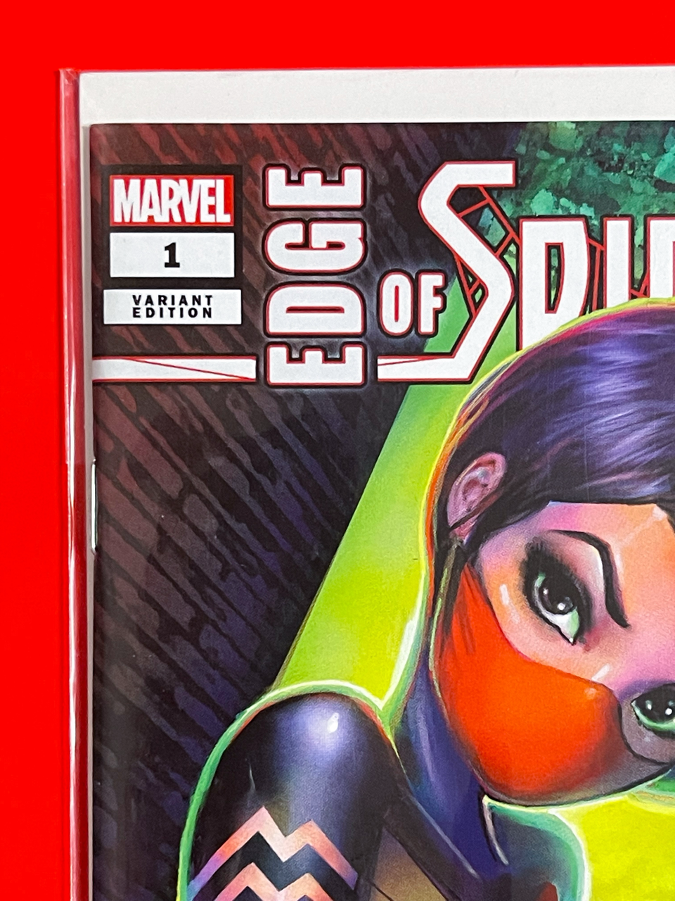 Top left corner of Edge of Spider-Verse #1 | Nathan Szerdy Cover