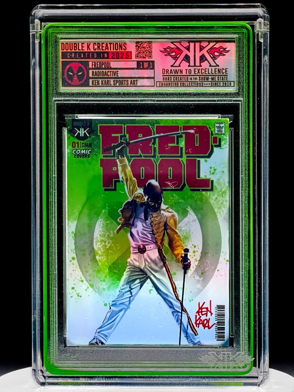 Ken Karl Sports Art - FREDPOOL - The MERC with a Mic! 1:1 Radioactive Variant Art Piece - Deadpool/Freddie Mercury Homage