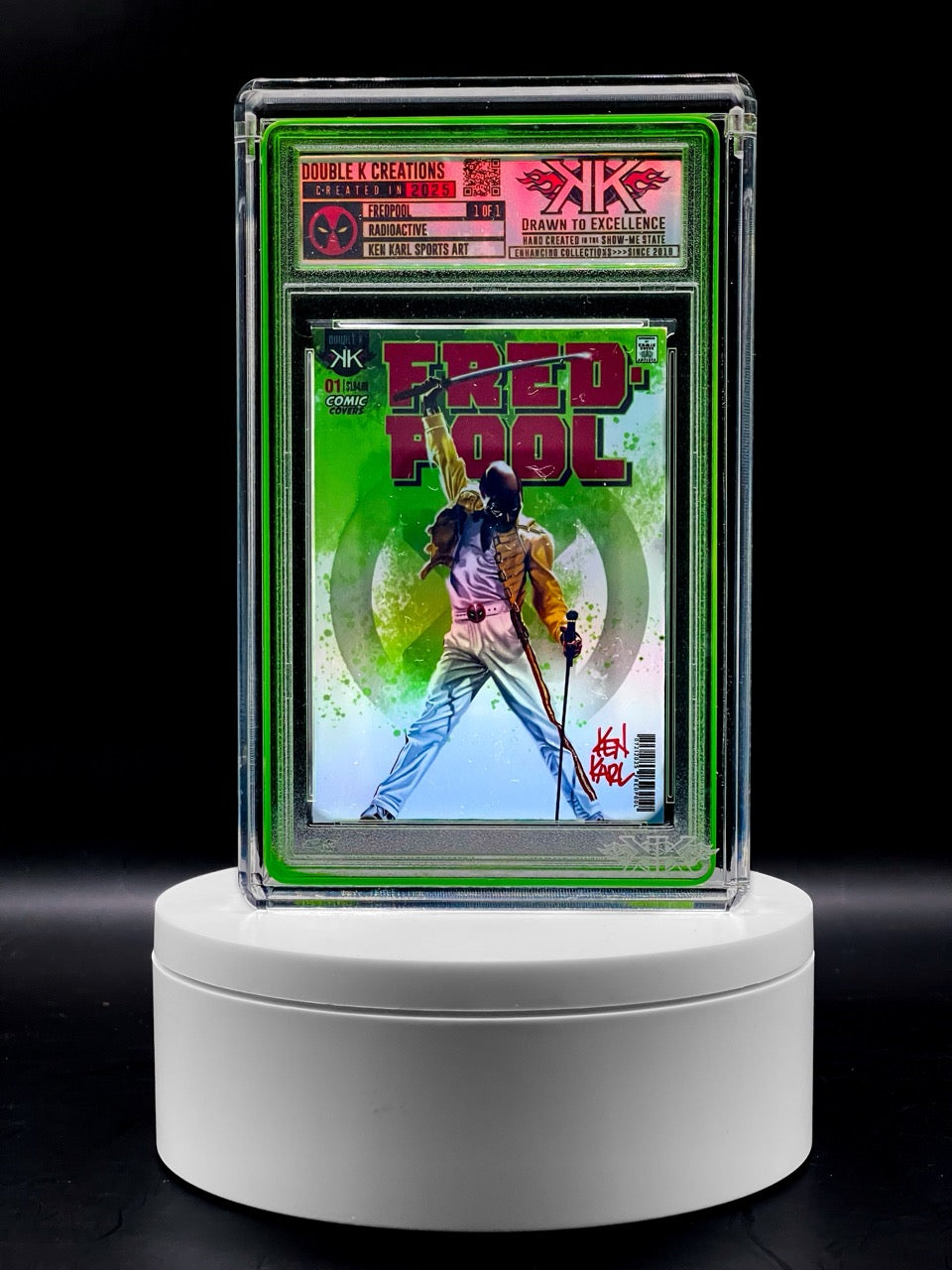 Ken Karl Sports Art - FREDPOOL - The MERC with a Mic! 1:1 Radioactive Variant Art Piece - Deadpool/Freddie Mercury Homage