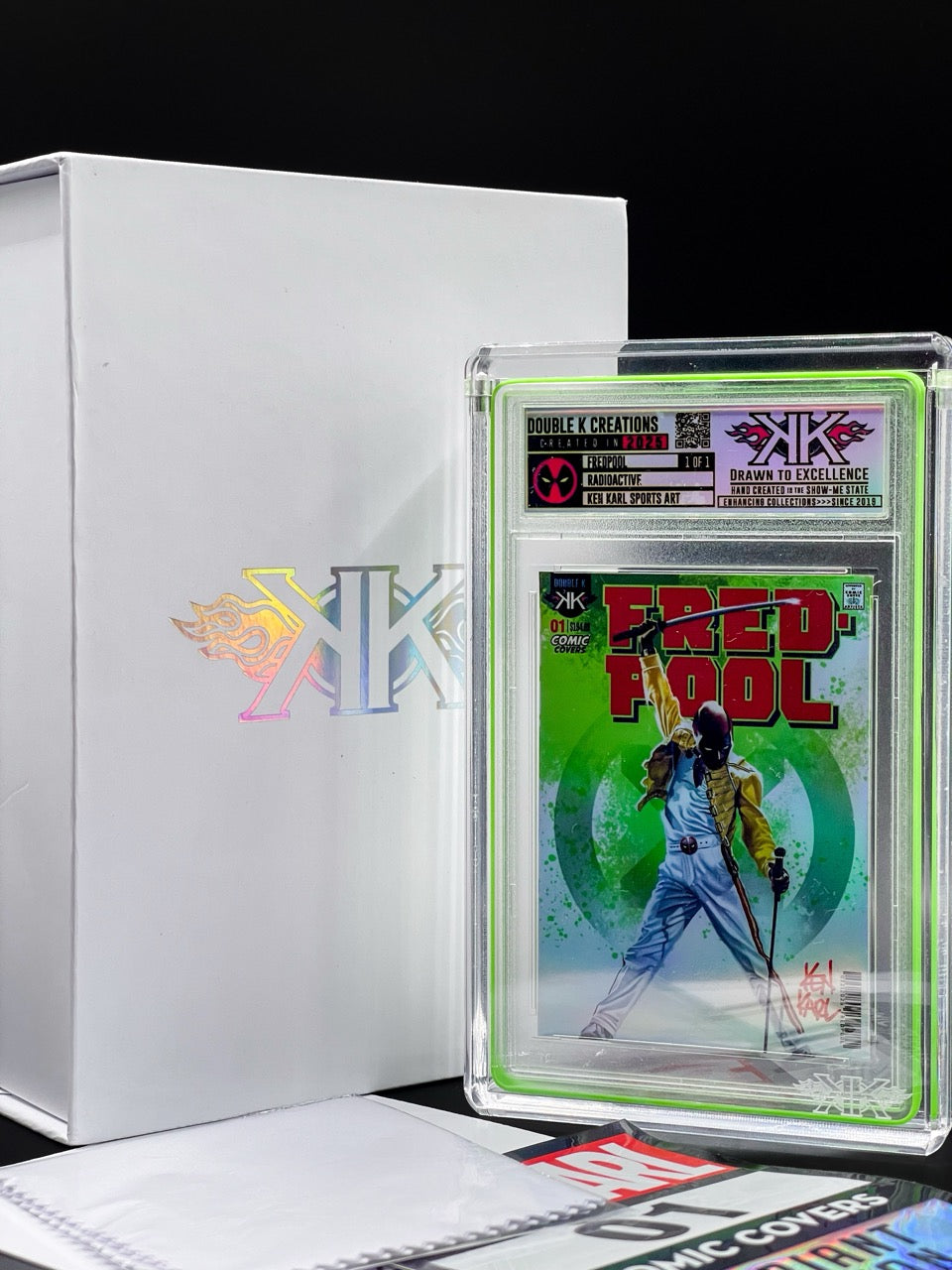 Ken Karl Sports Art - FREDPOOL - The MERC with a Mic! 1:1 Radioactive Variant Art Piece - Deadpool/Freddie Mercury Homage