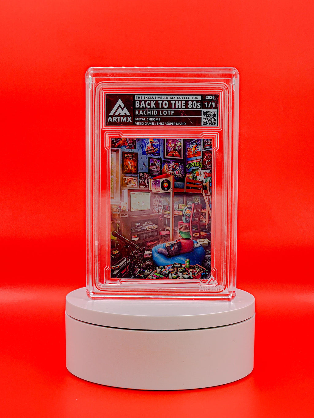 Collectible card in a transparent display case on a red background