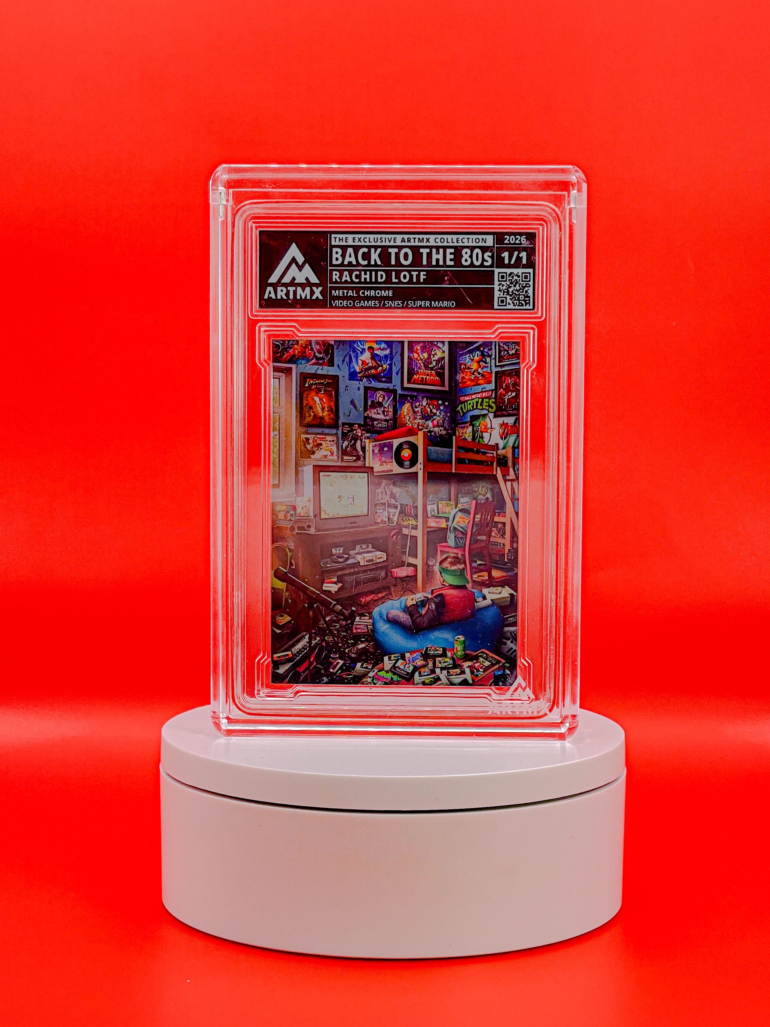 Collectible card in a transparent display case on a red background