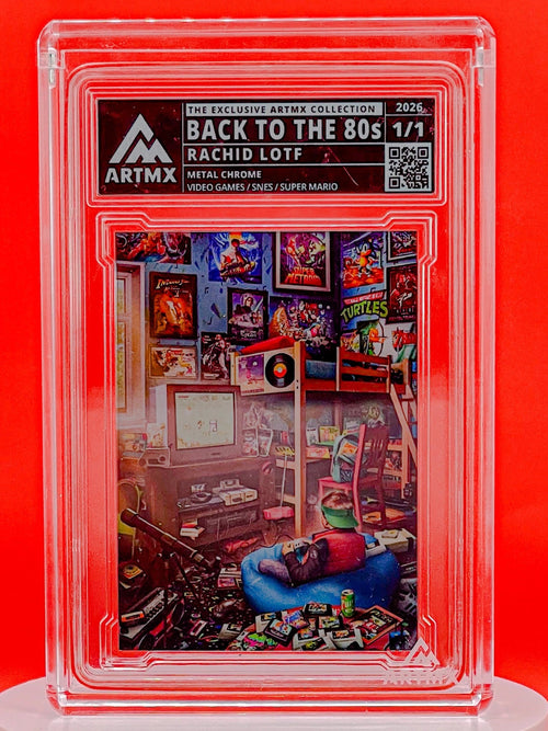 Collectible card in a clear plastic case with a red background