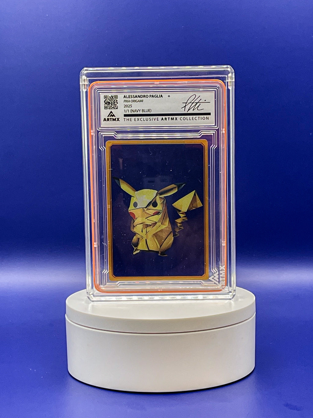 Collectible card featuring Pikachu in a clear protective case on a blue background