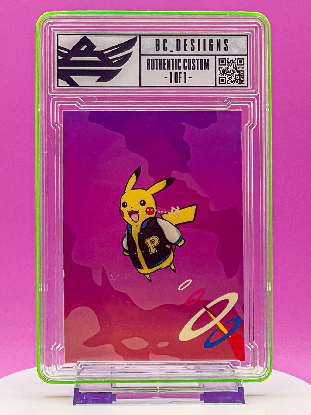 Card with a cartoon character in a sports jersey on a pink background, framed by a clear border with branding.