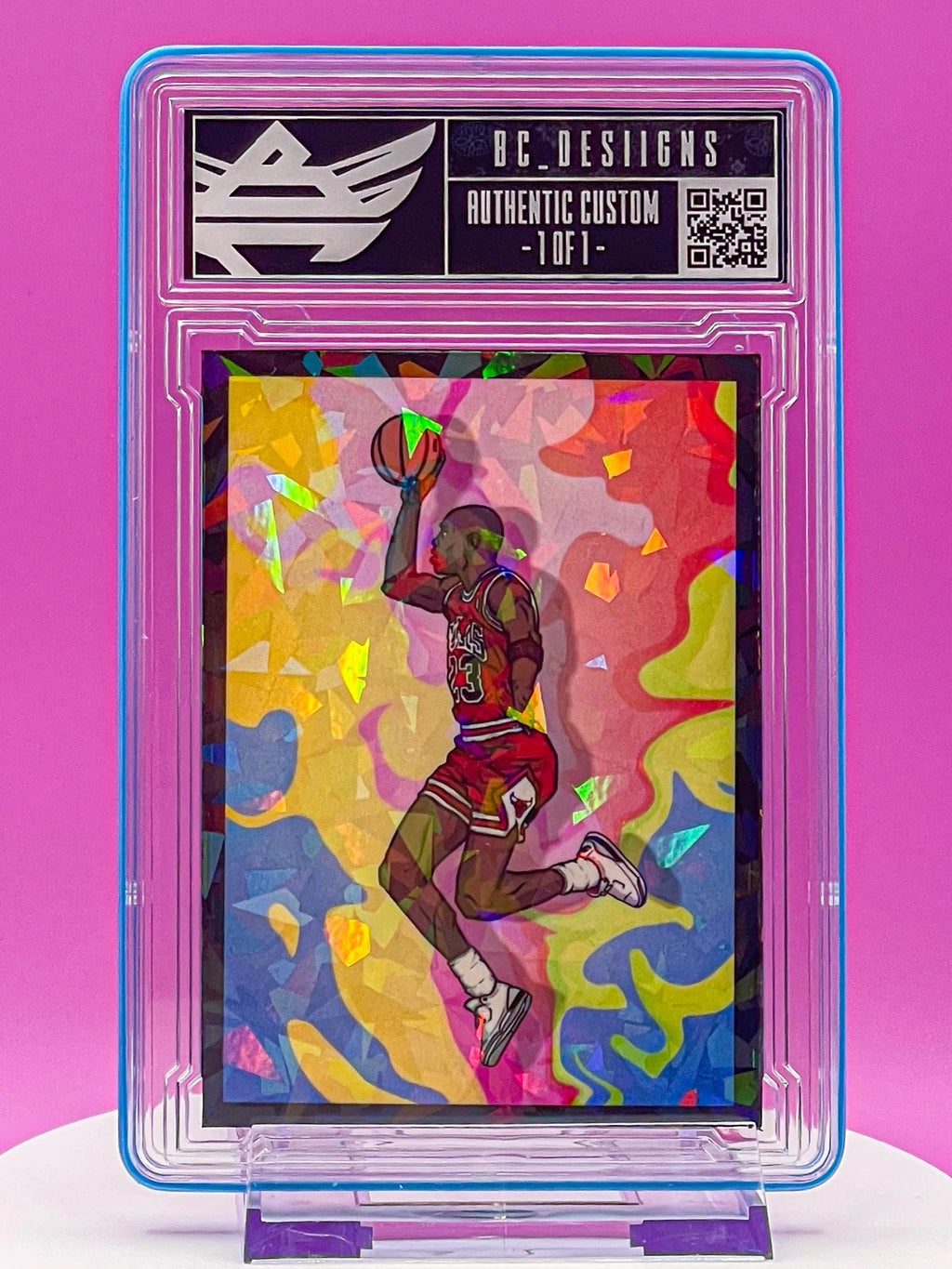 Colorful sports trading card in a protective case with a vibrant background