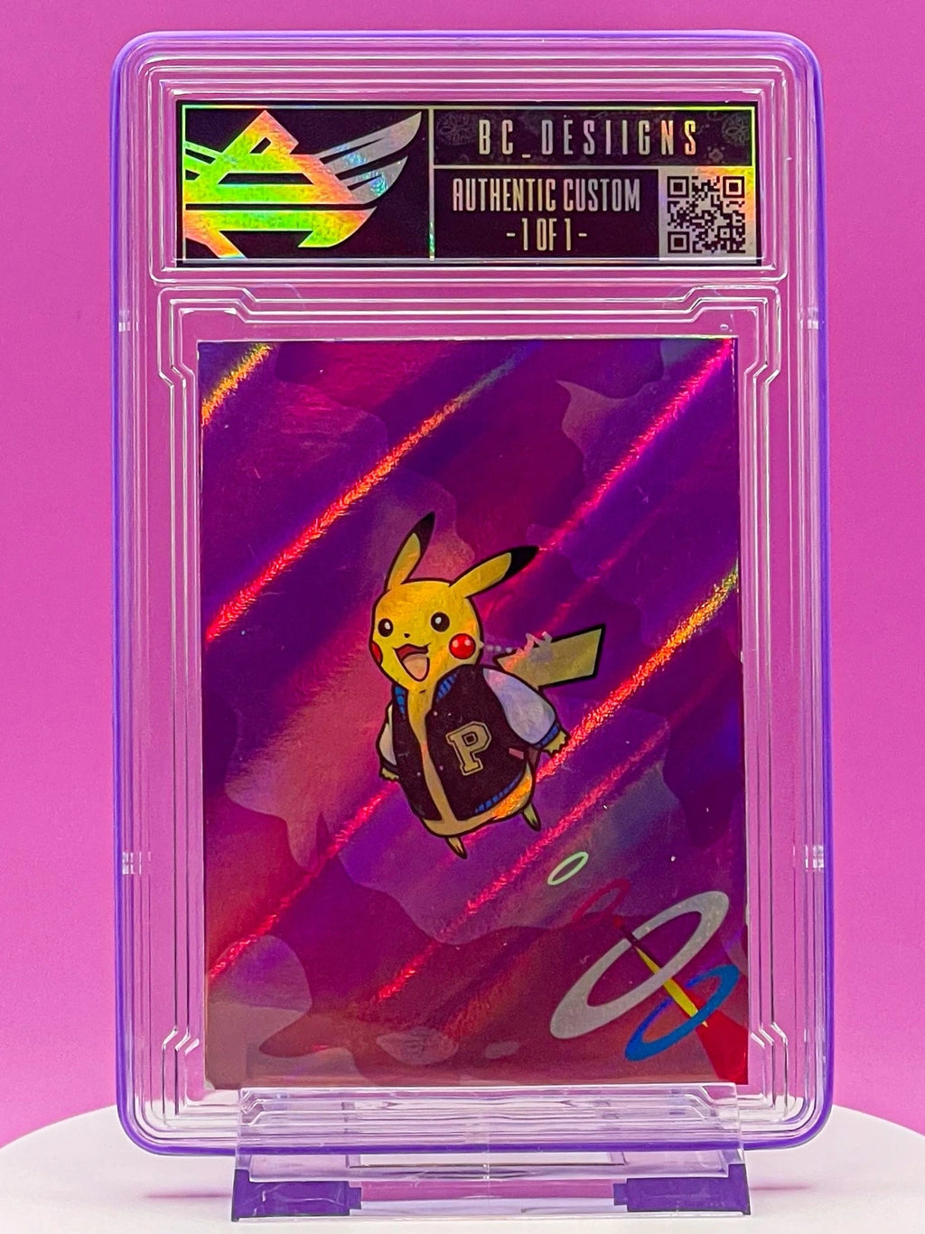 Card with a stylized character in a jacket, framed in a protective case against a pink background