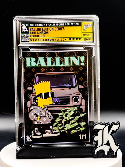 Collectible card featuring Bart Simpson with a car and 'BALLIN!' text, framed by a transparent display case.