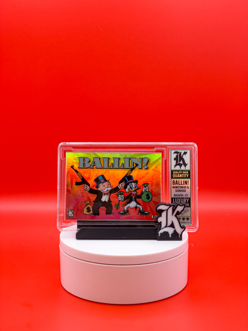 Collectible card in a protective case on a white platform with a red background