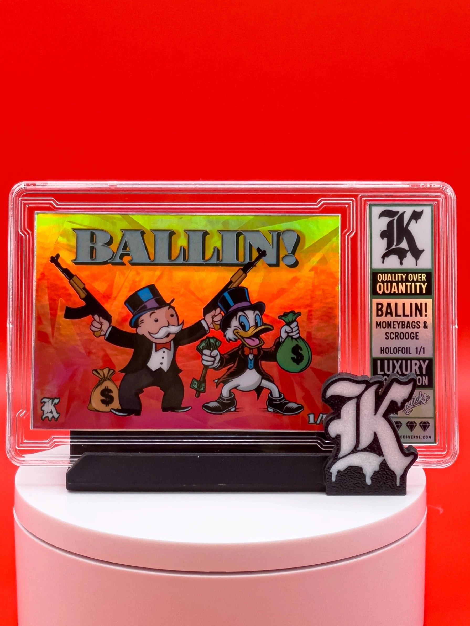 Trading card with cartoon characters and 'BALLIN!' text on a red background