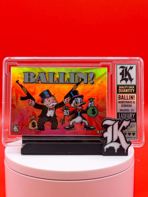 Trading card with cartoon characters and 'BALLIN!' text on a red background