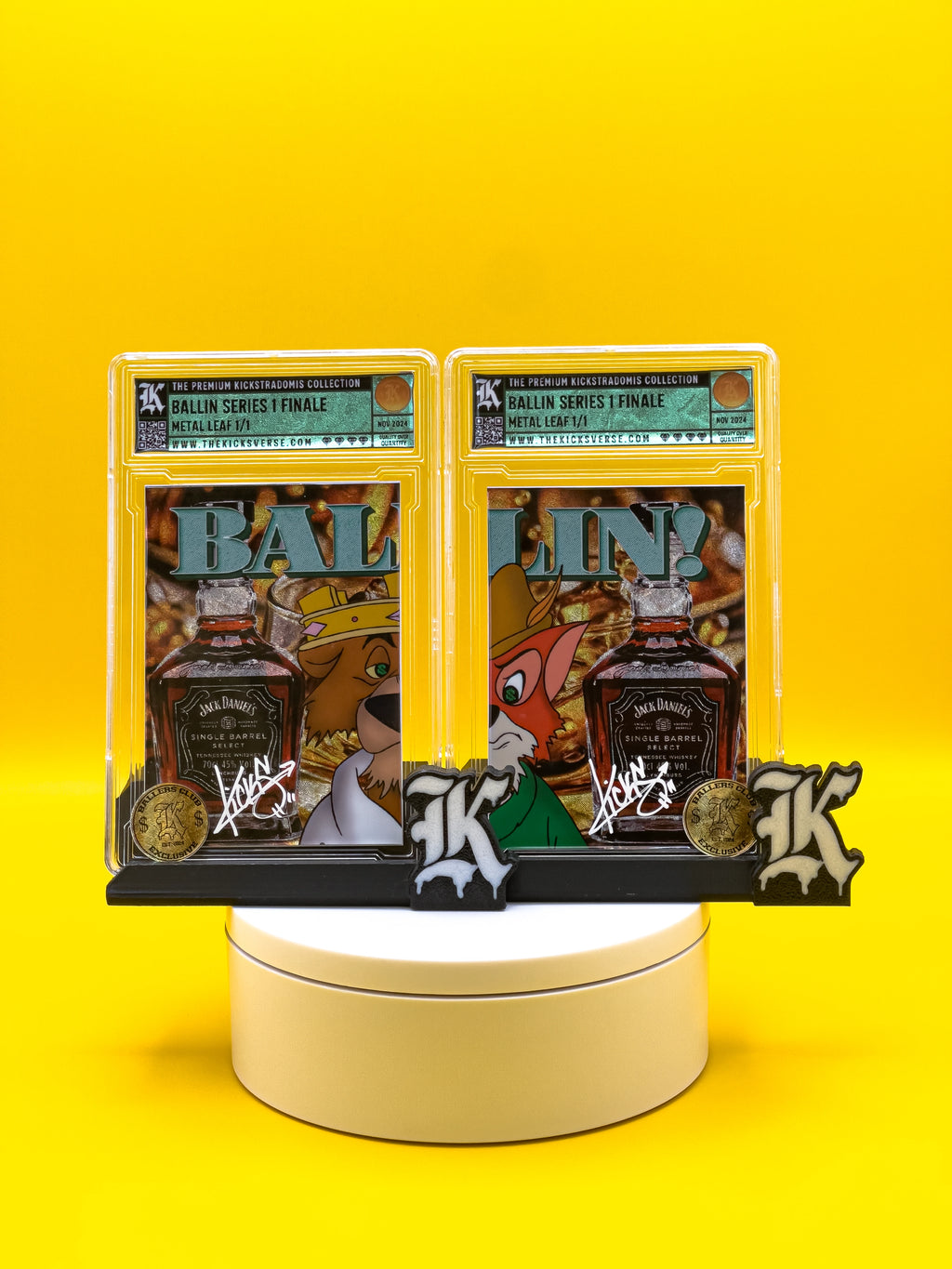 Two collectible cards featuring a cartoon character and a bottle on a yellow background.