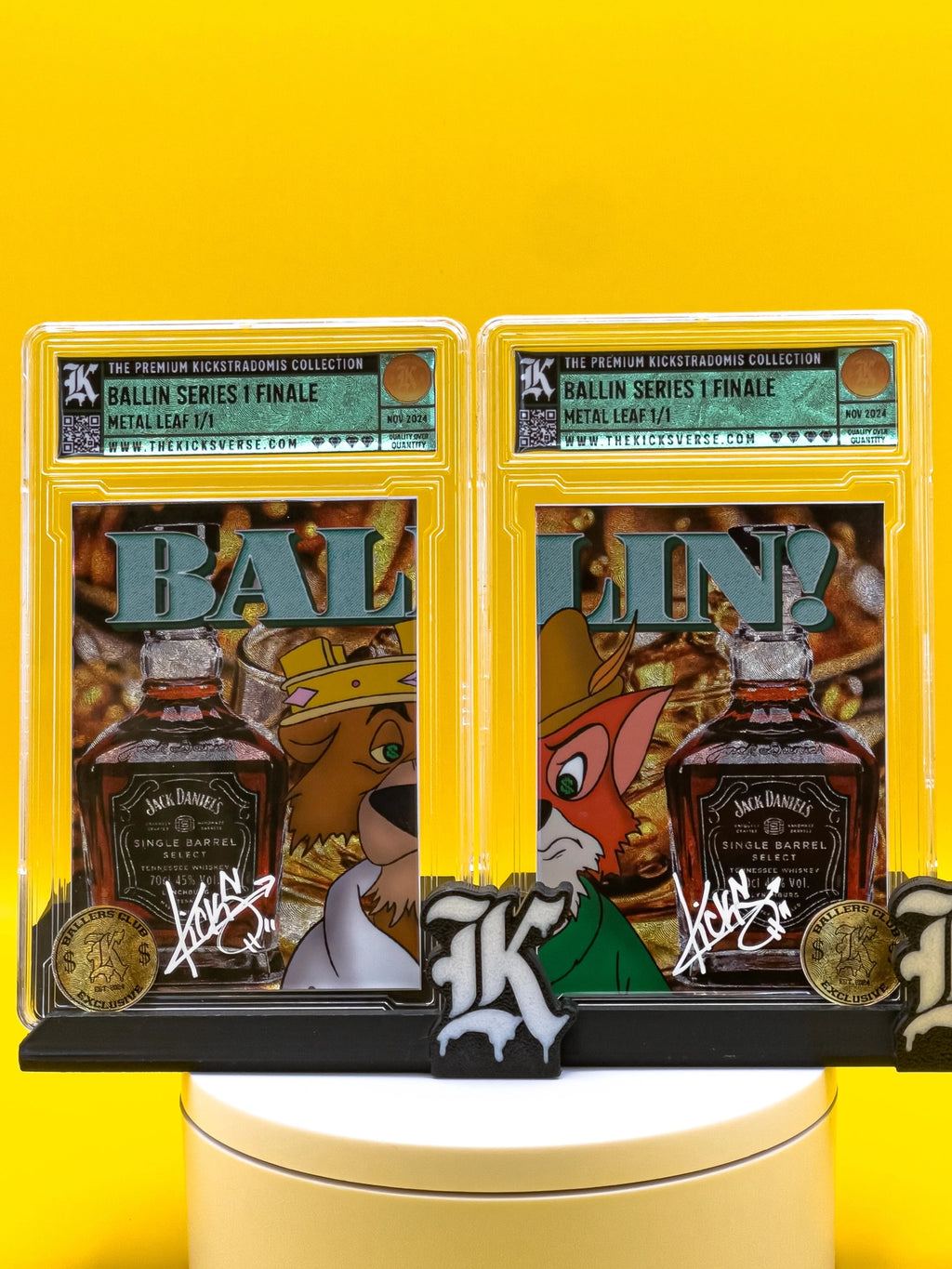 Two collectible cards featuring Jack Daniel's whiskey bottle with cartoon characters on a yellow background.