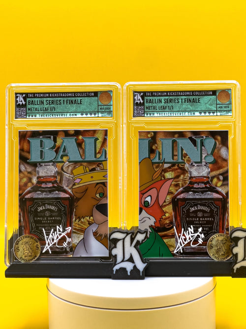 Two collectible cards featuring Jack Daniel's whiskey bottle with cartoon characters on a yellow background.