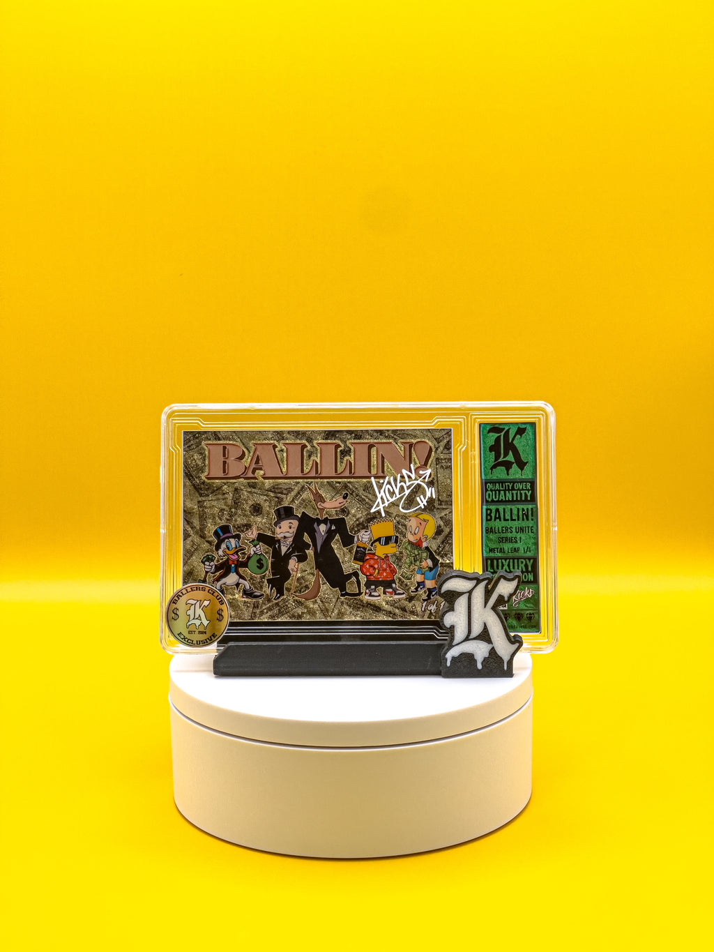 Collectible card with artwork on a yellow background