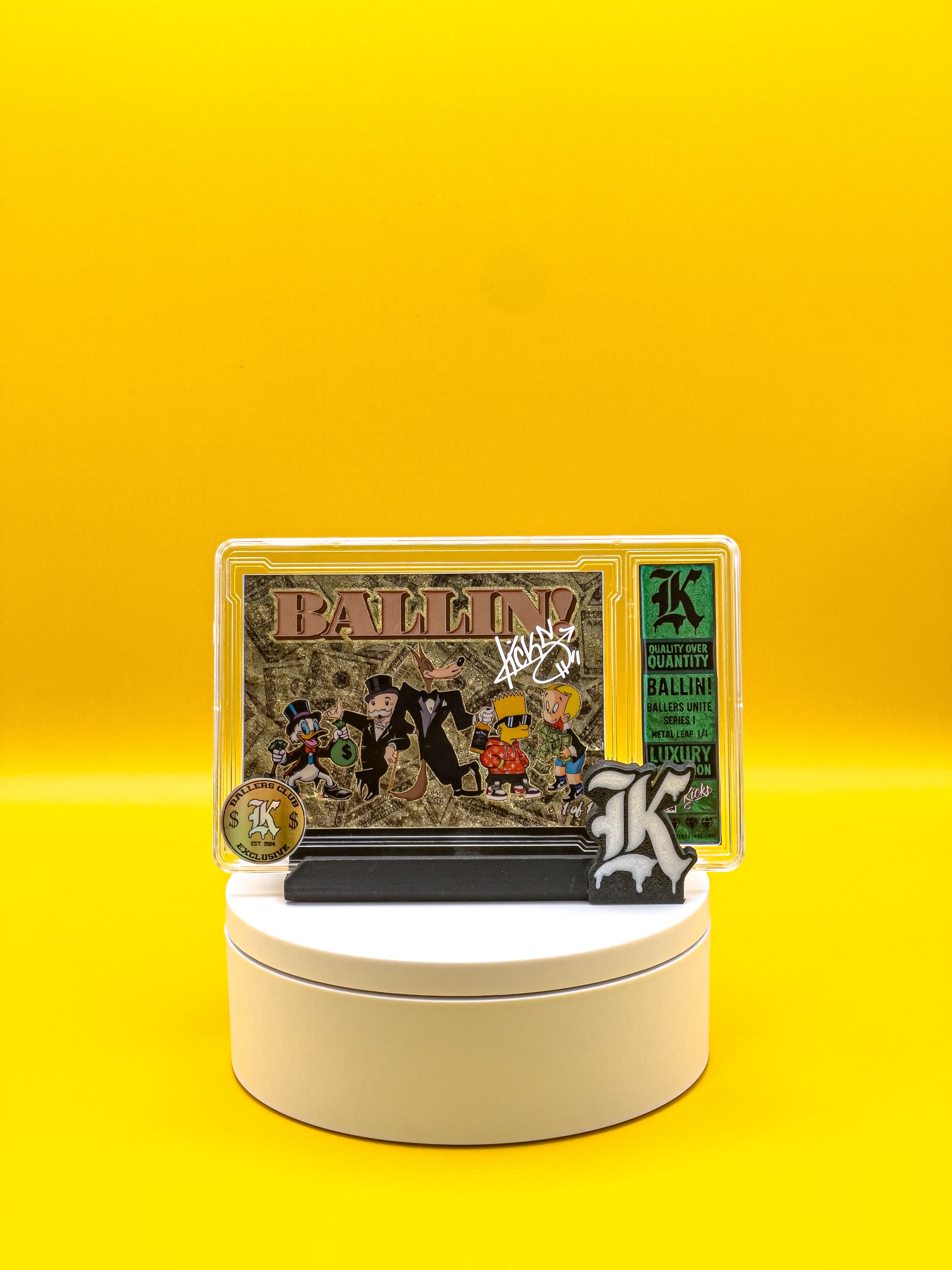 Collectible card with artwork on a yellow background