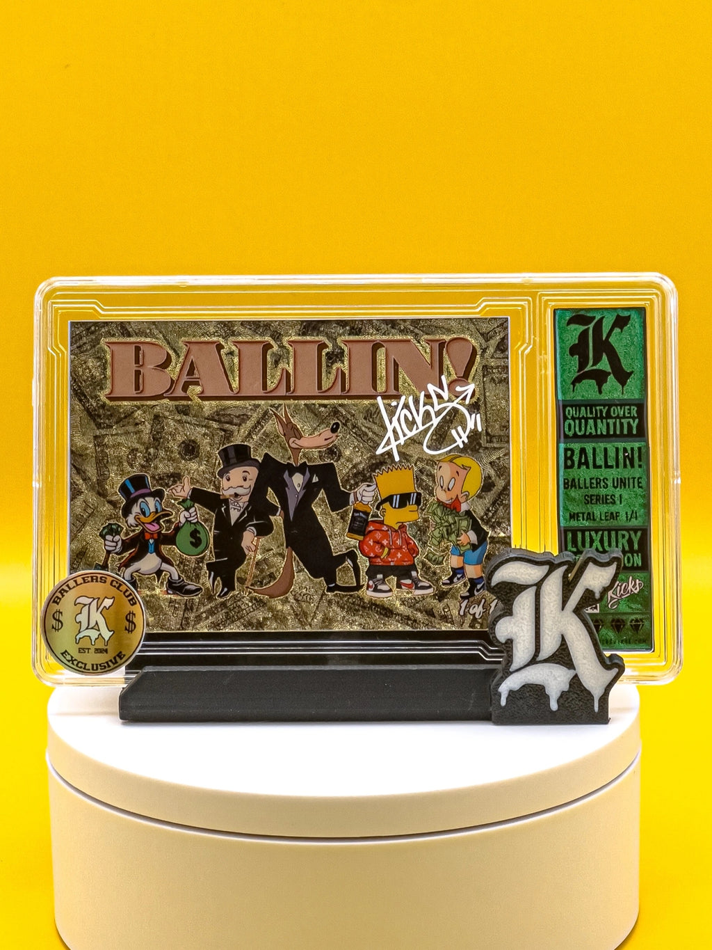 Collectible card with cartoon characters and branding on a yellow background