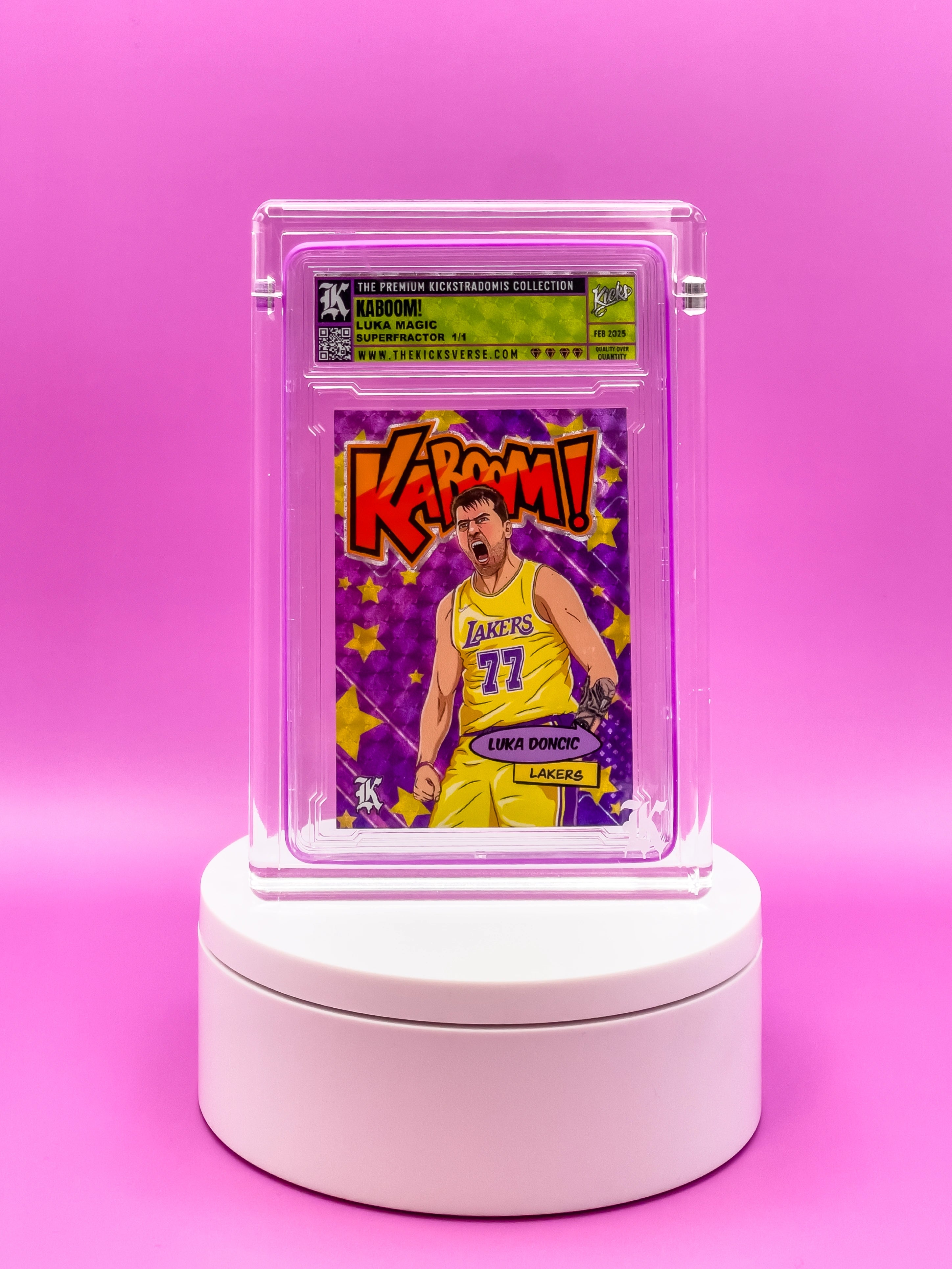 Trading card in a protective case on a pink background
