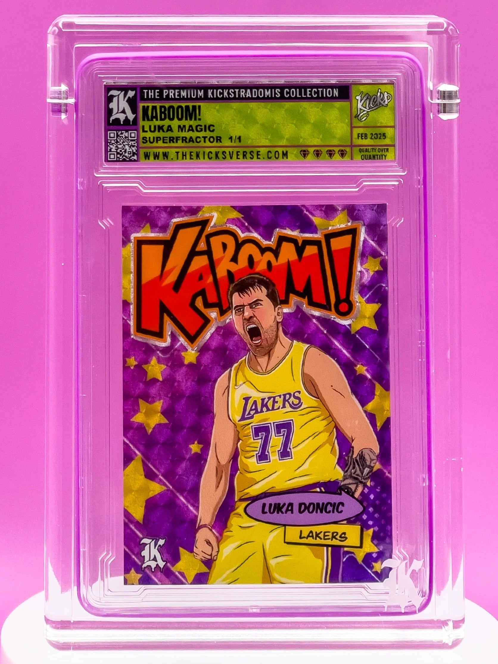 Trading card of a basketball player in a purple frame with 'Kaboom!' text
