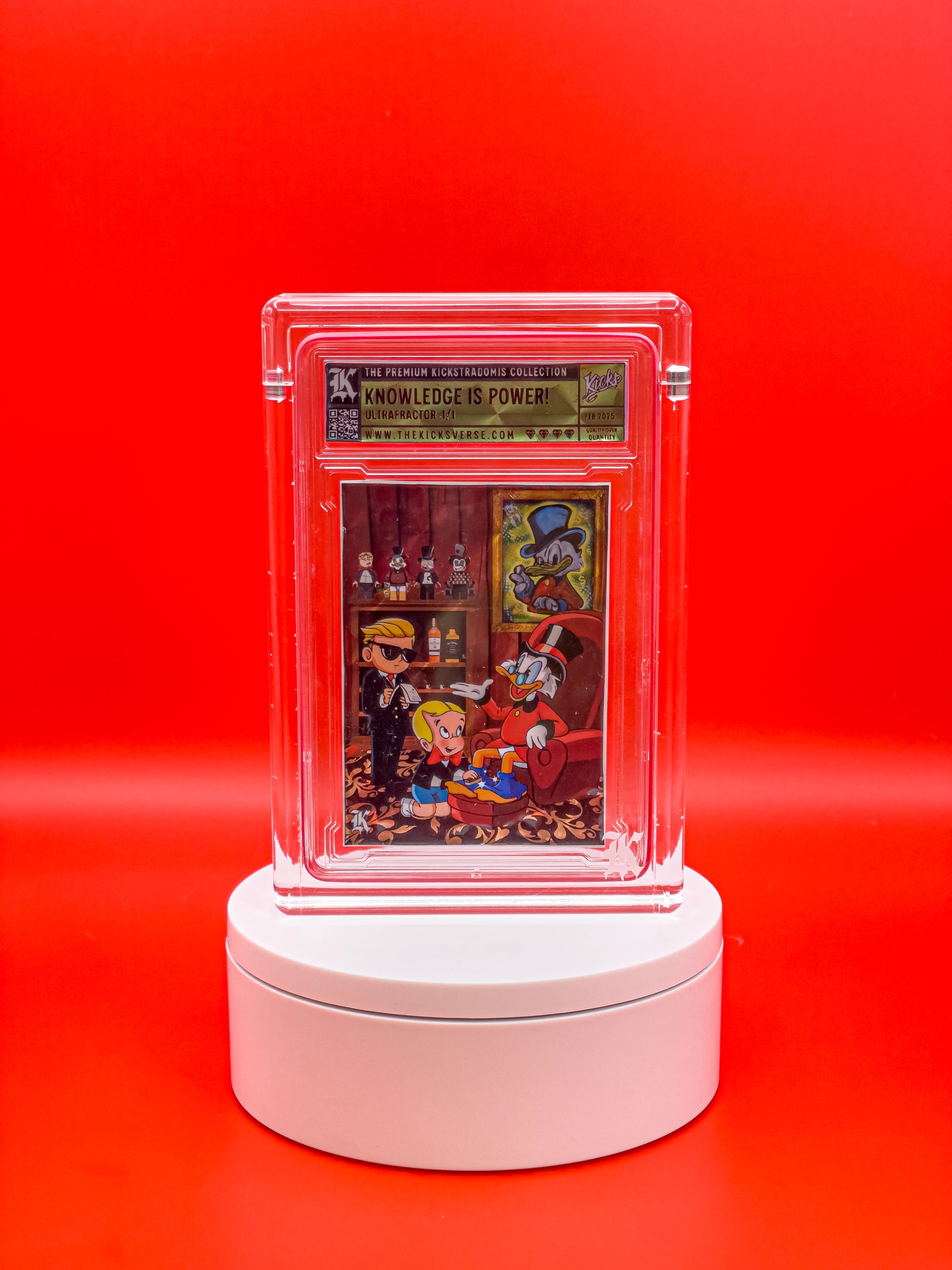 Collectible card in a transparent case on a red background