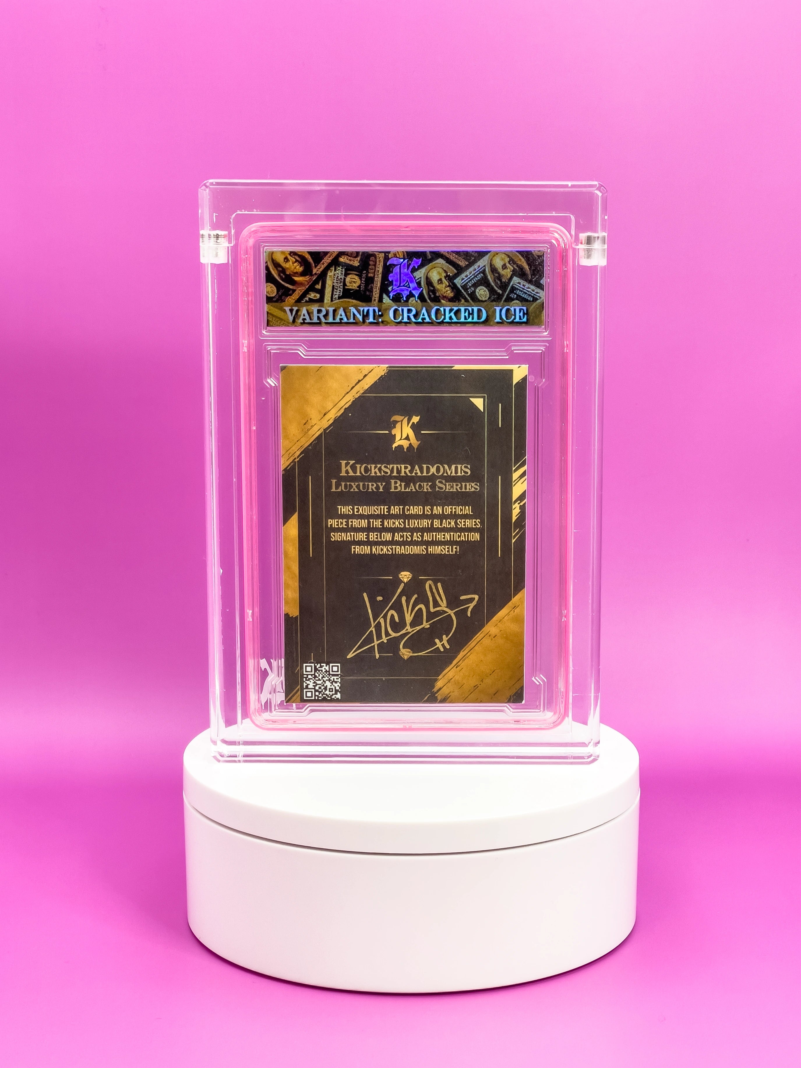 Collectible card in a clear plastic case on a pink background