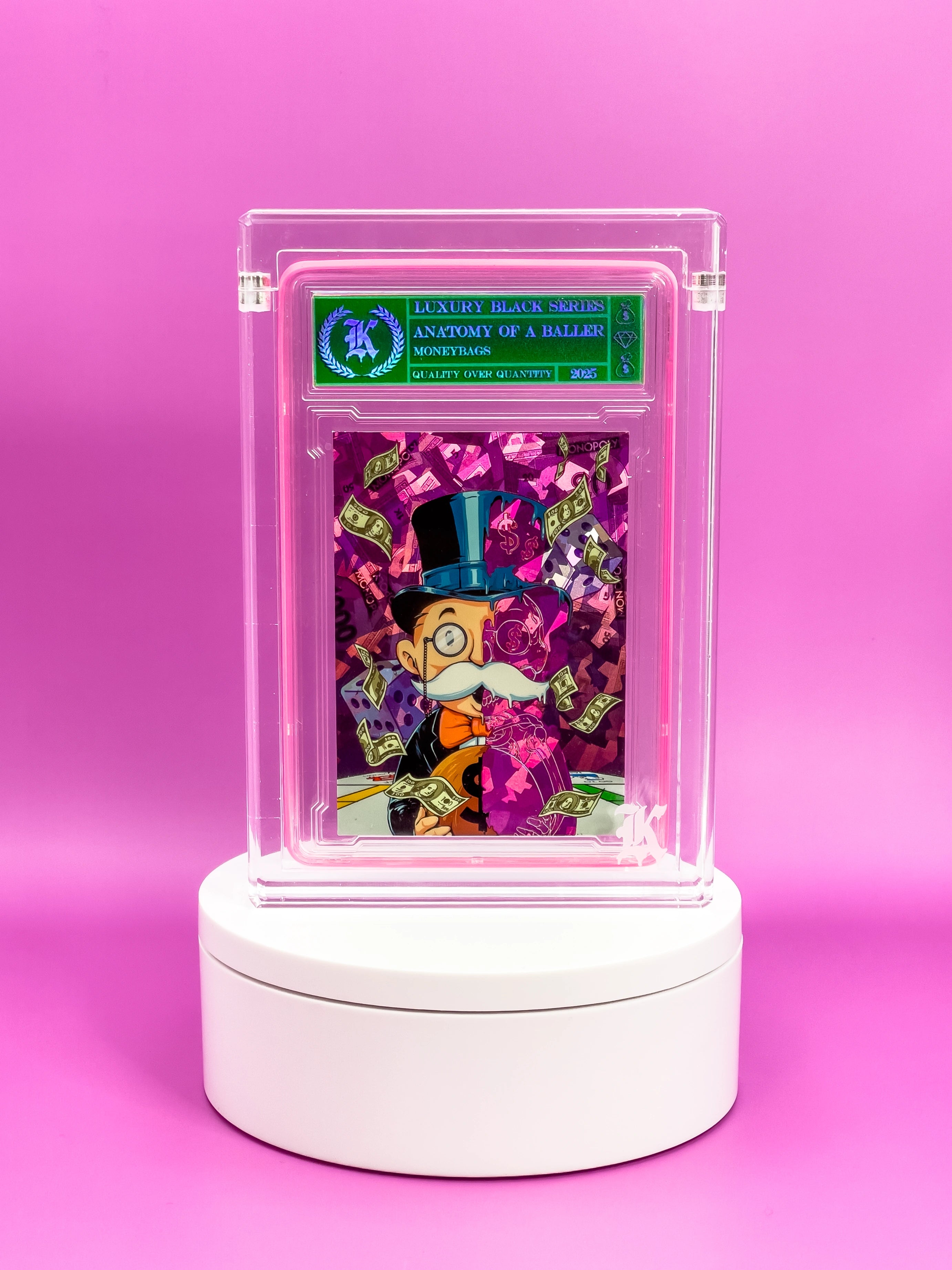Collectible card in a clear display case on a pink background