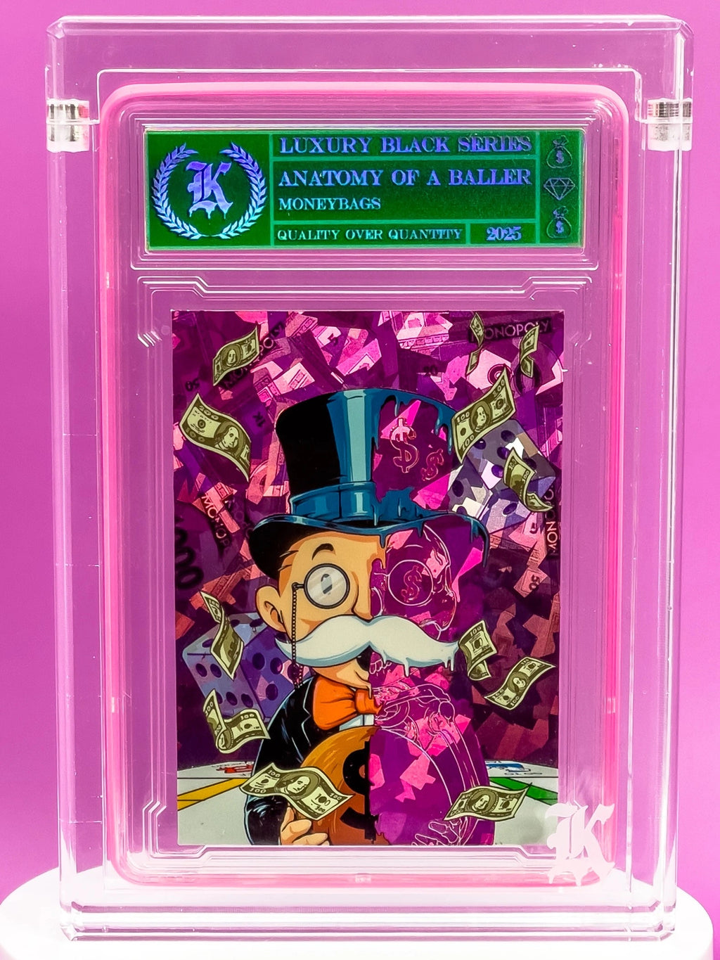 Card with a character in a top hat and monocle, surrounded by money, in a clear protective case on a pink background.