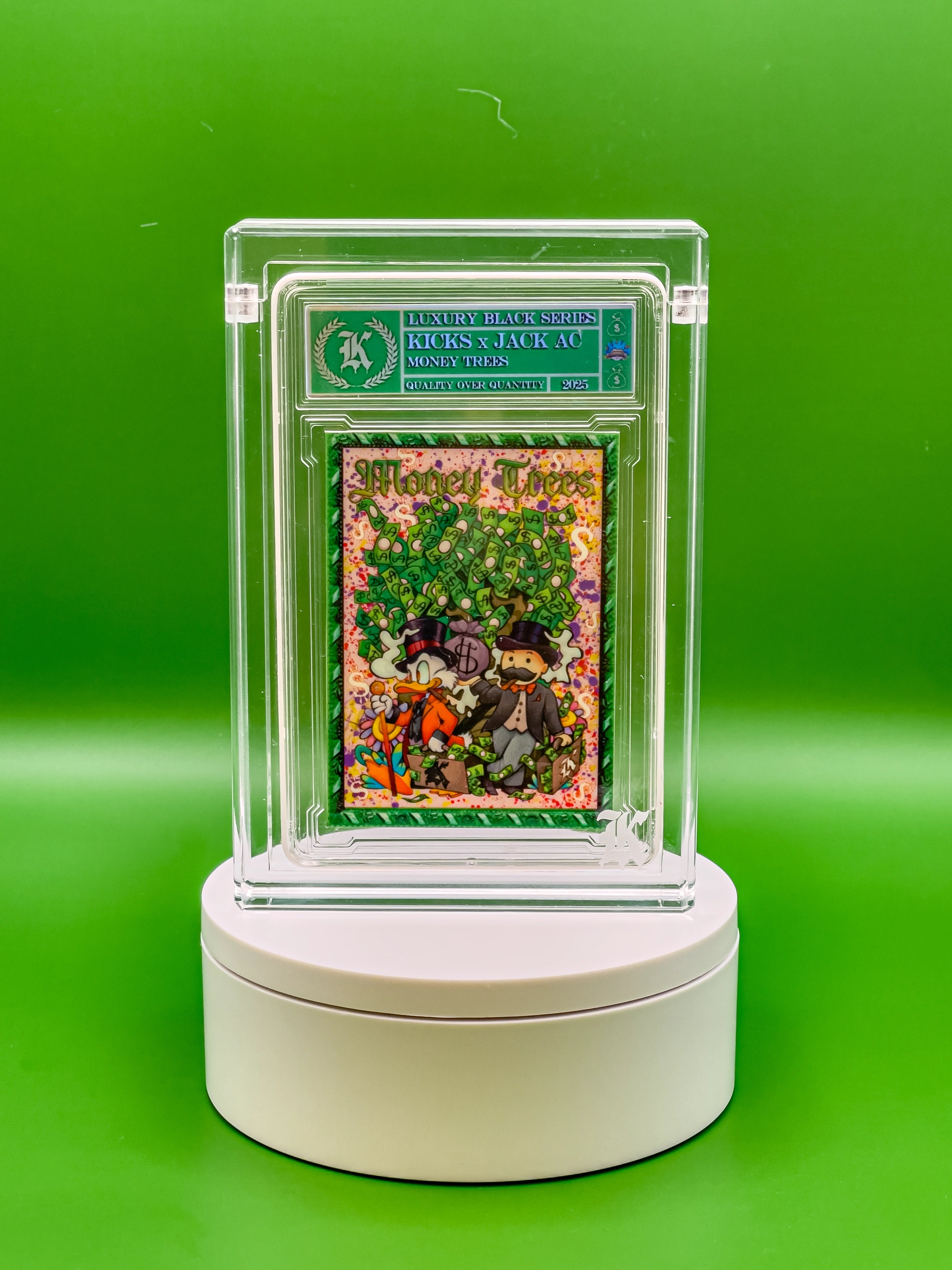 Collectible card in a clear display case on a green background