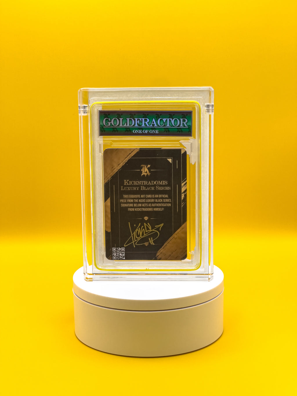 Collectible card in a protective case on a yellow background