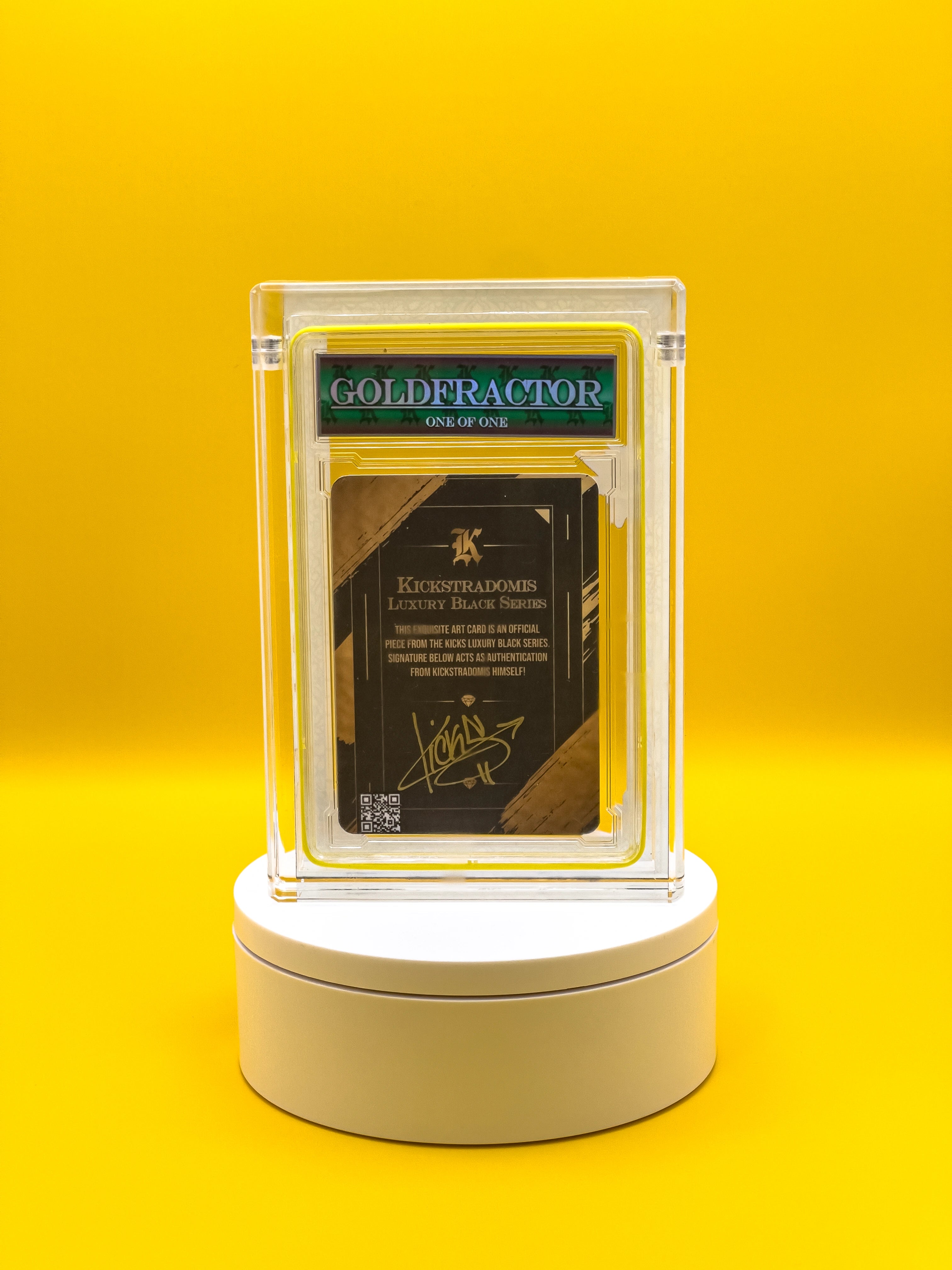 Collectible card in a protective case on a yellow background
