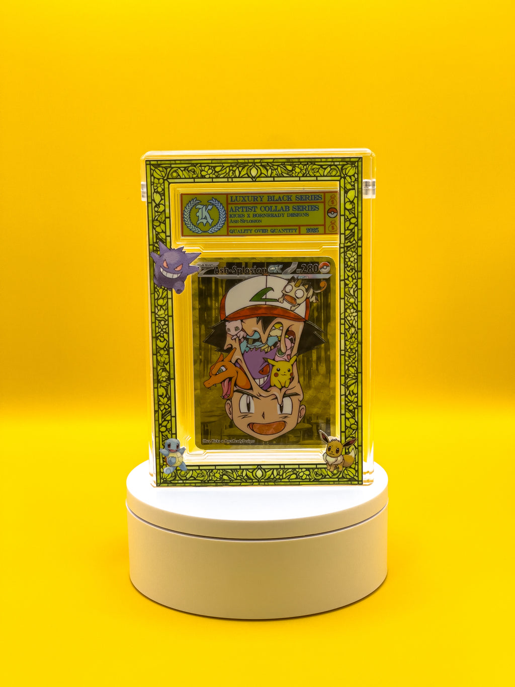 Collectible card in a protective case on a white platform with a yellow background