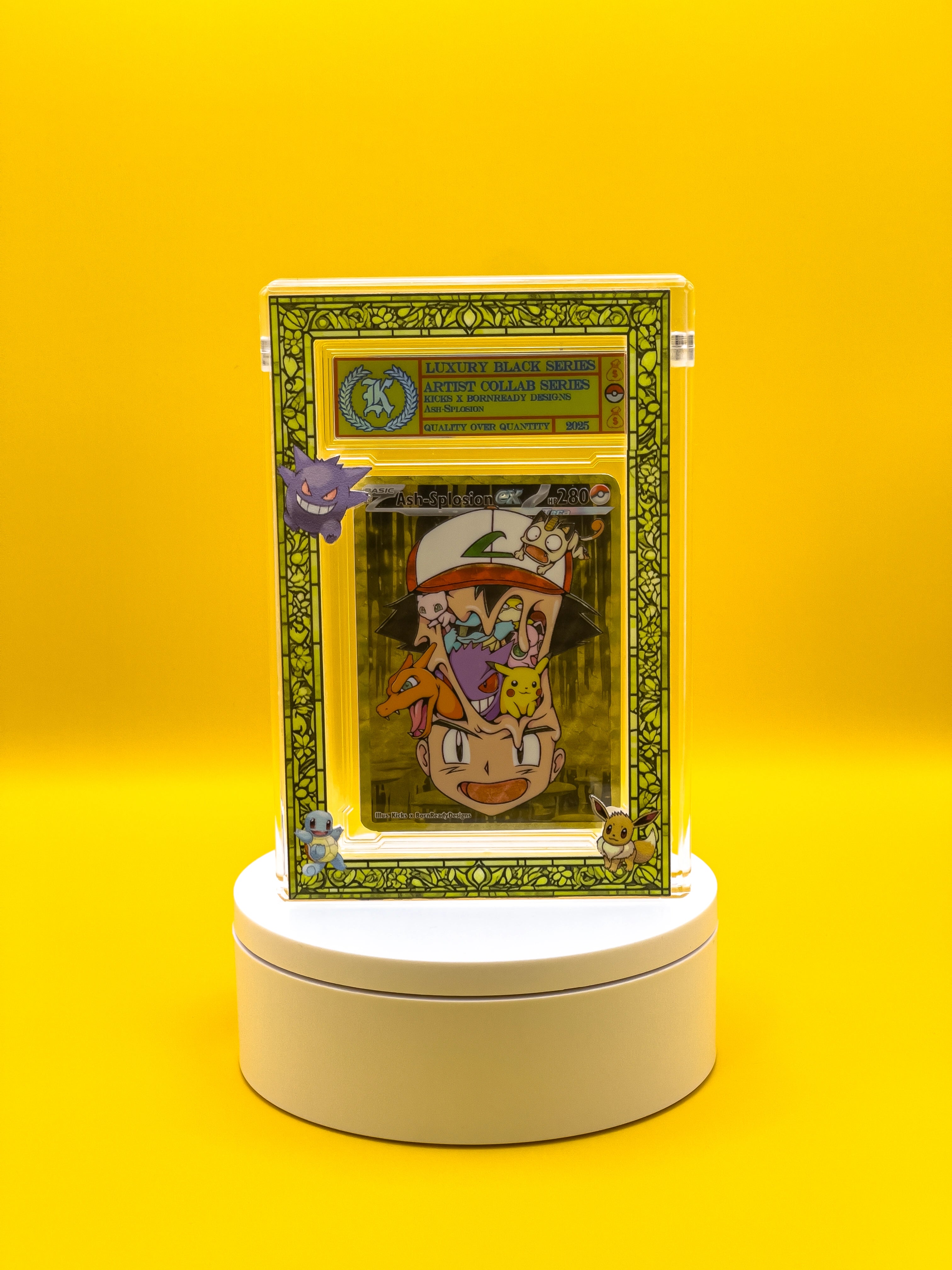 Collectible card in a protective case on a white platform with a yellow background