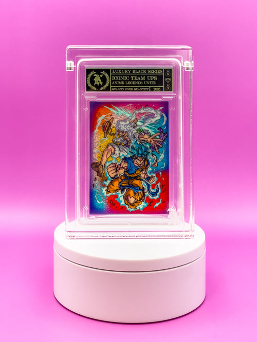 Collectible card in a protective case on a pink background