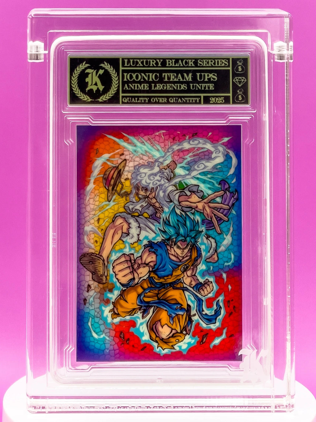 Collectible card with characters in a dynamic pose, encased in clear plastic with a pink background.