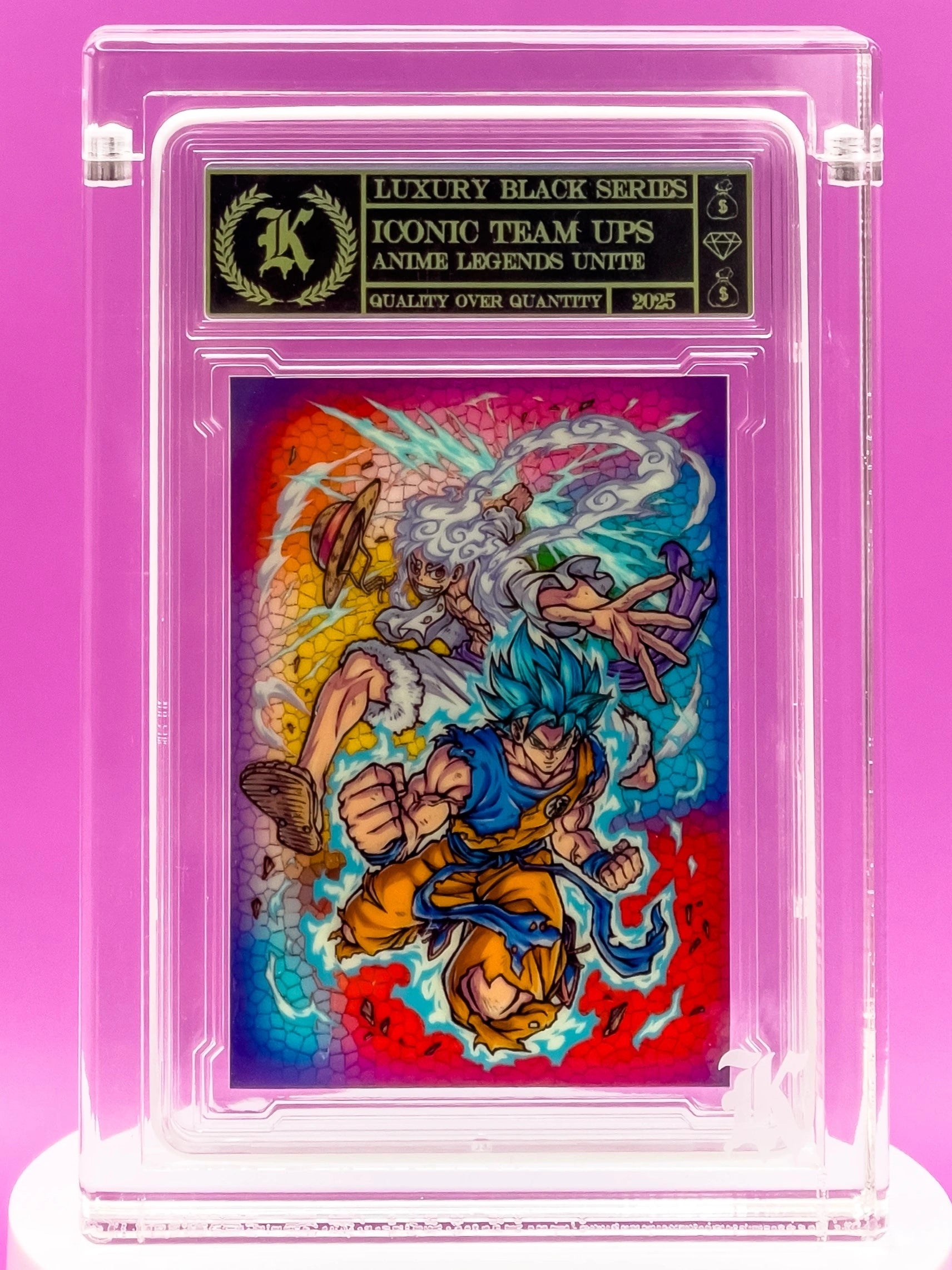 Collectible card with characters in a dynamic pose, encased in clear plastic with a pink background.