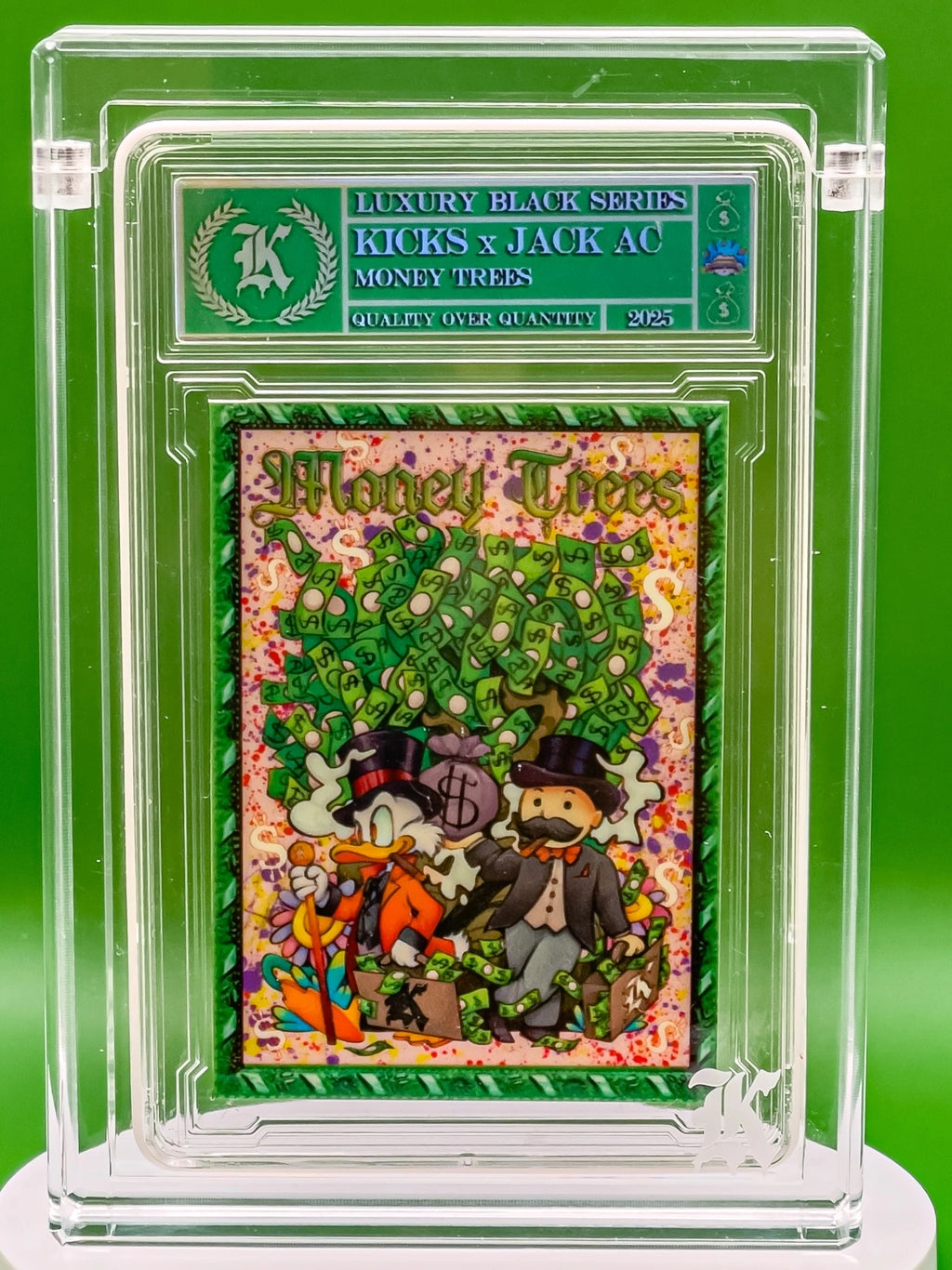 Collectible card featuring 'Money Trees' design in a clear protective case against a green background