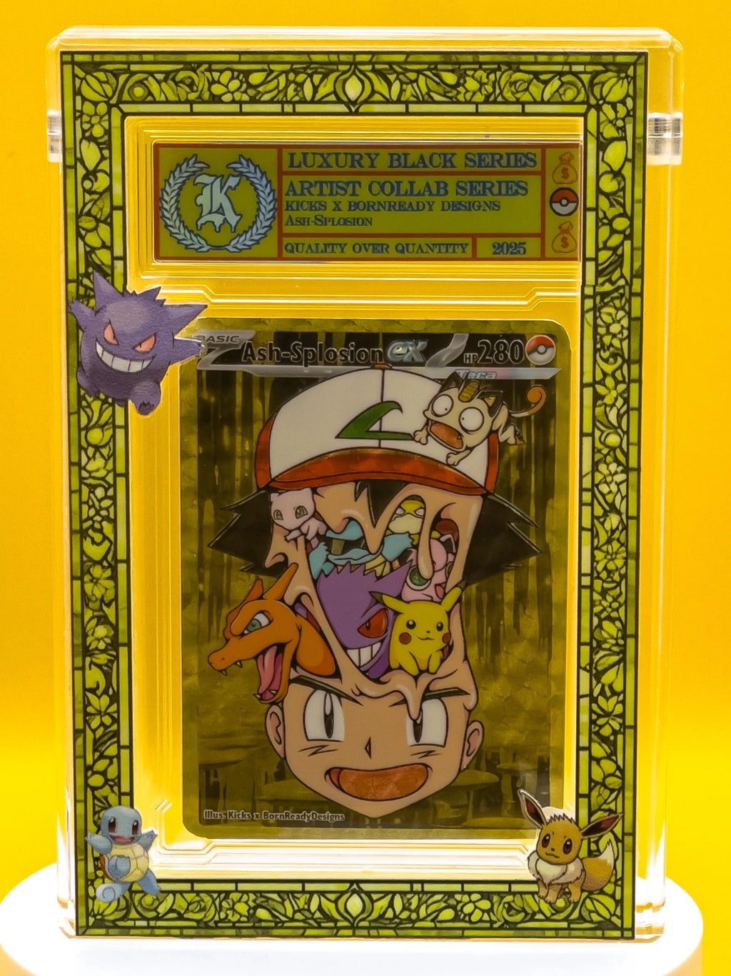 Collectible card with cartoon character and Pokémon on a yellow background