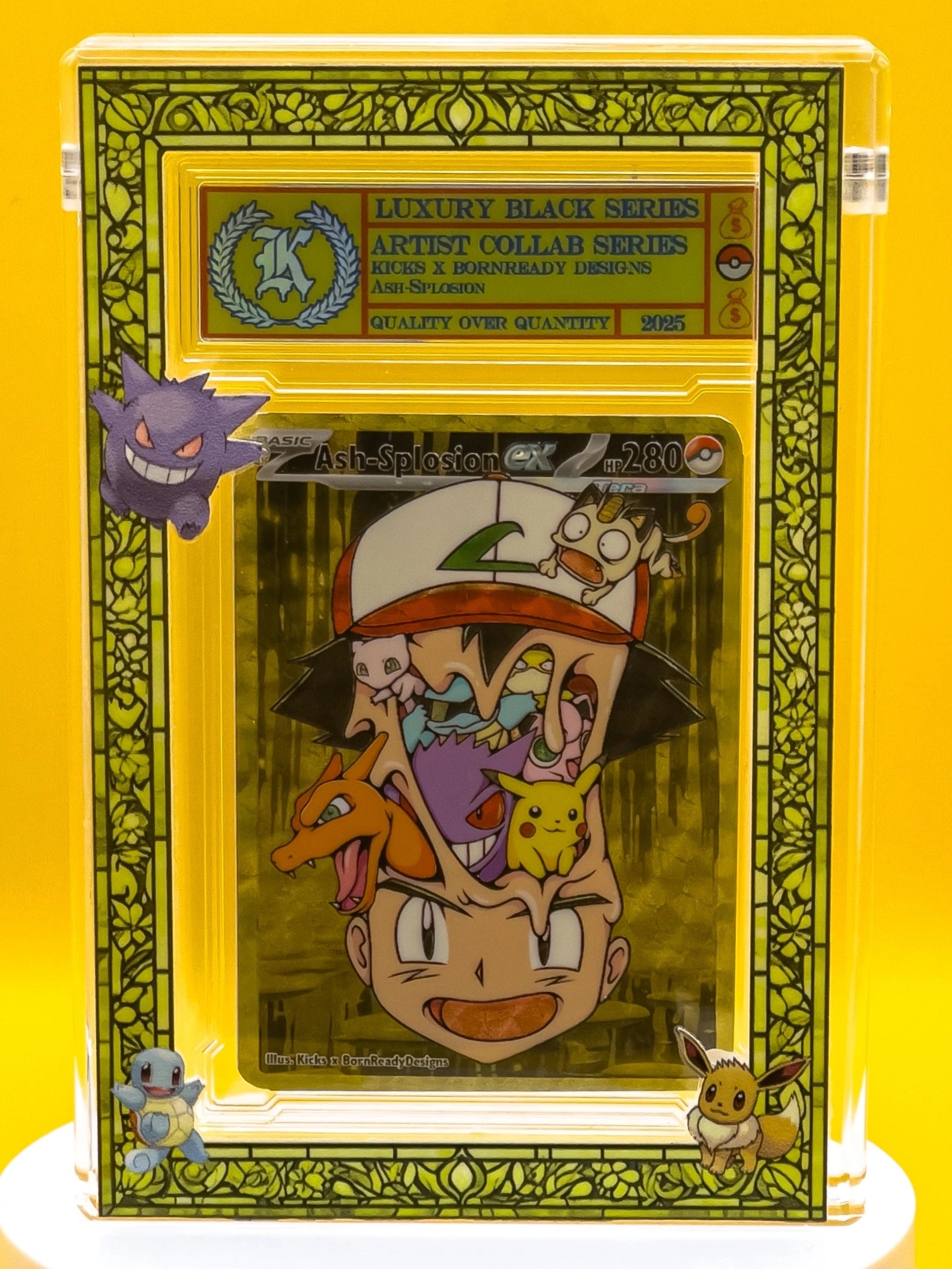 Collectible card with cartoon character and Pokémon on a yellow background