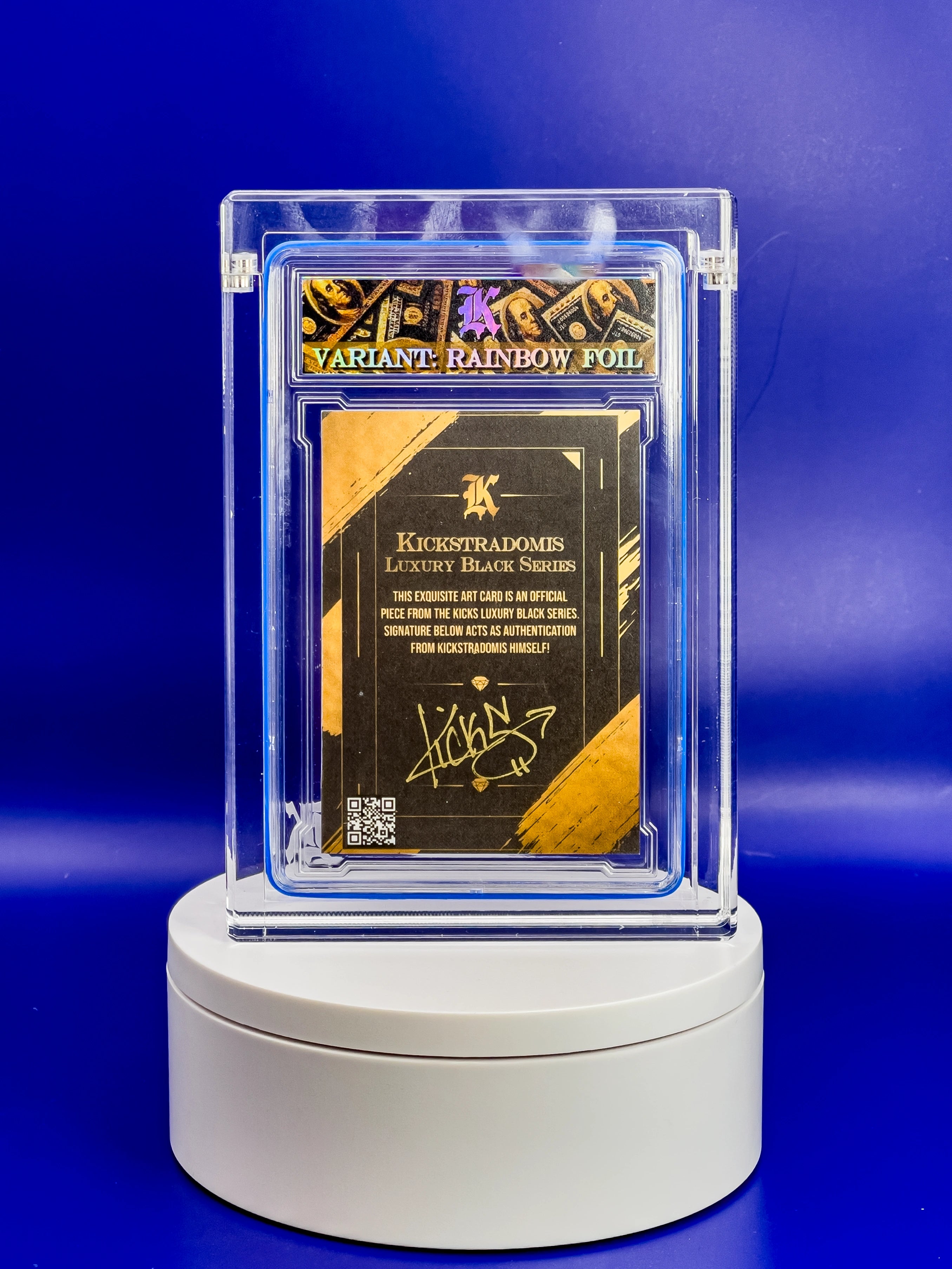 Collectible card in a clear display case on a blue background