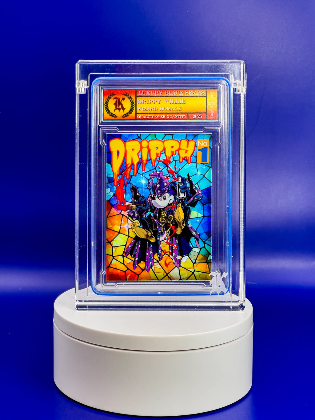 Collectible card in a clear display case on a blue background