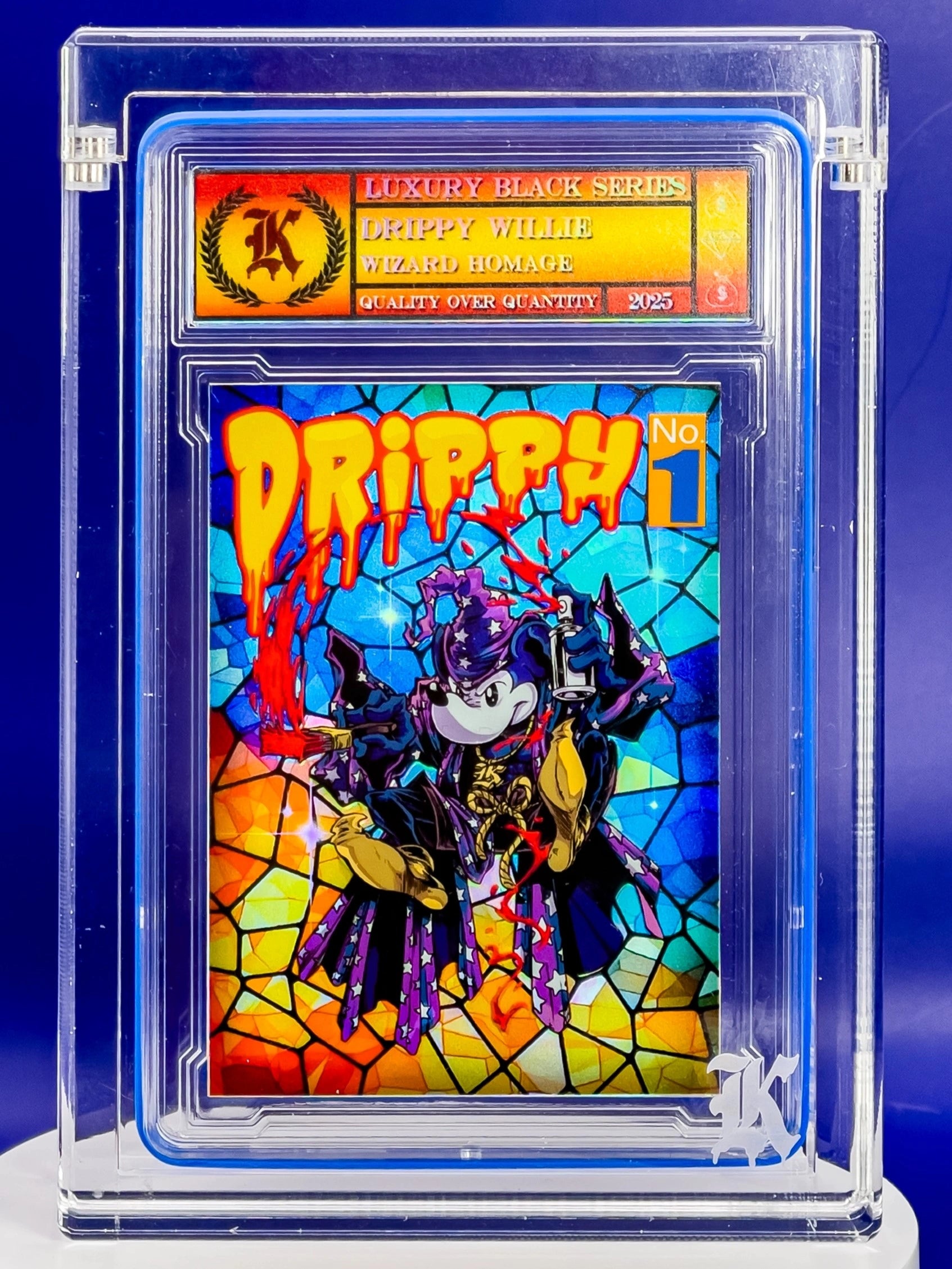 Colorful trading card featuring a character with 'Drippy' text, encased in a clear protective holder.