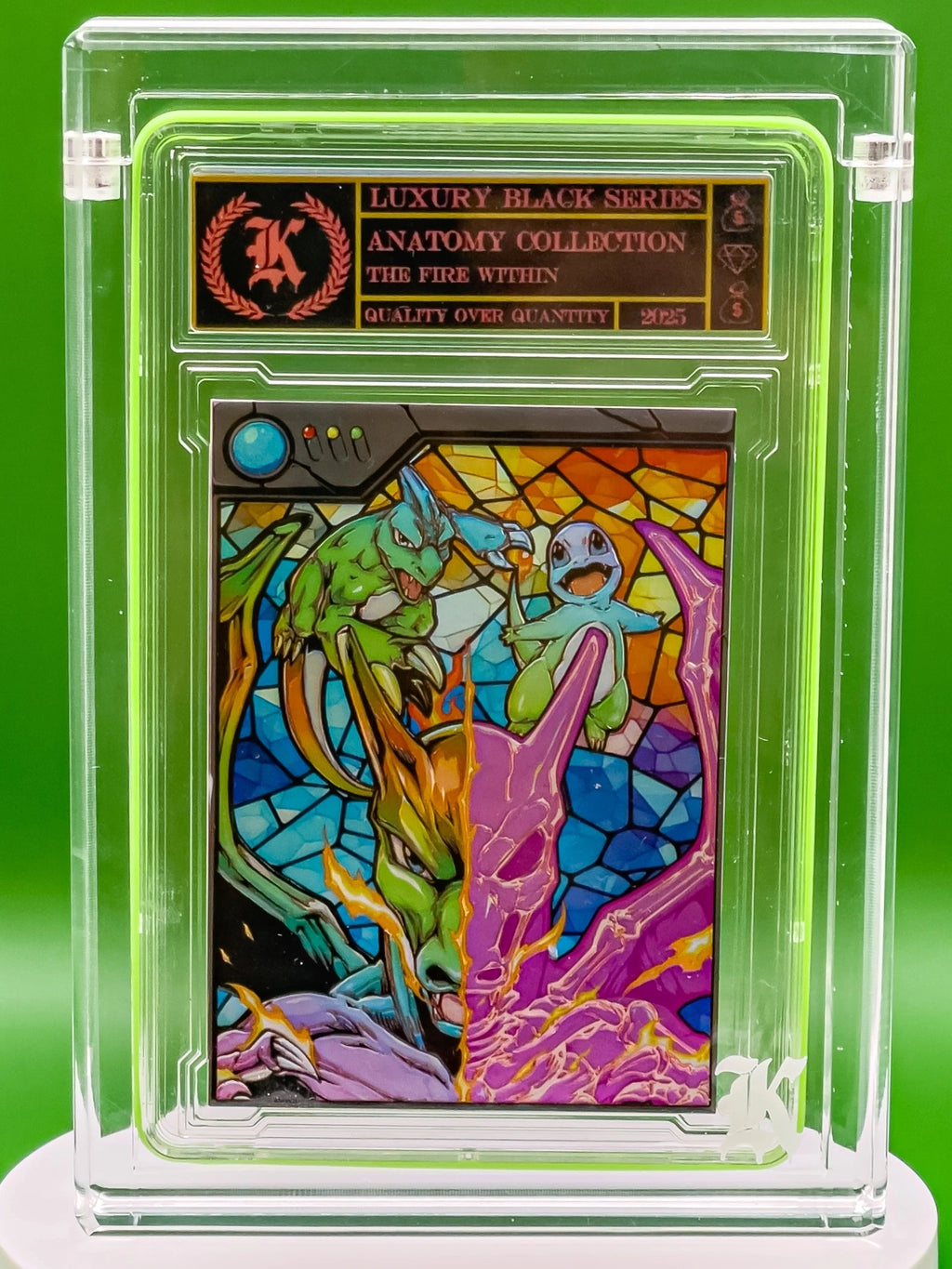 Colorful card with animal illustration in a clear protective case on a green background
