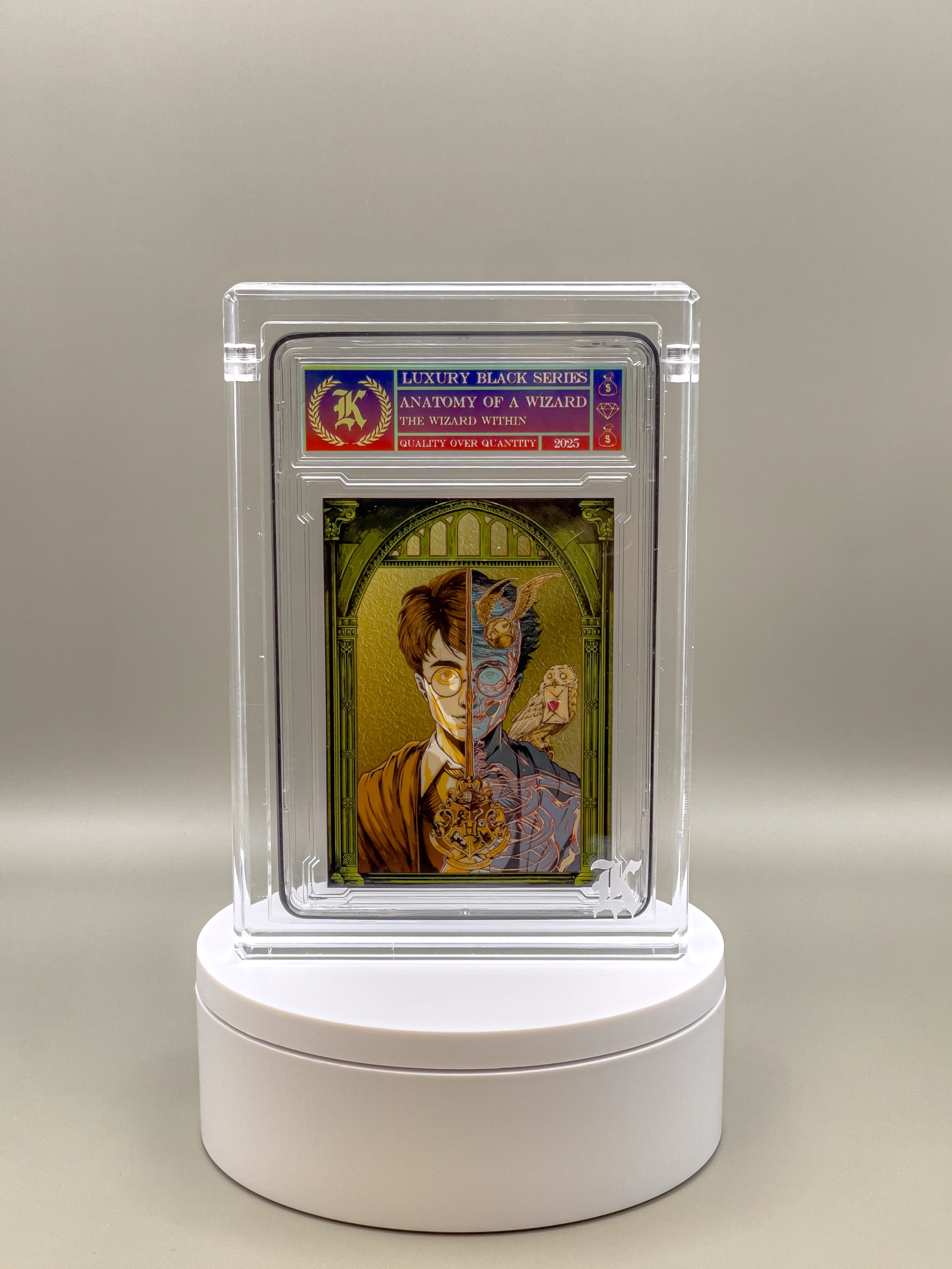 Card in a protective case on a white platform with a gray background