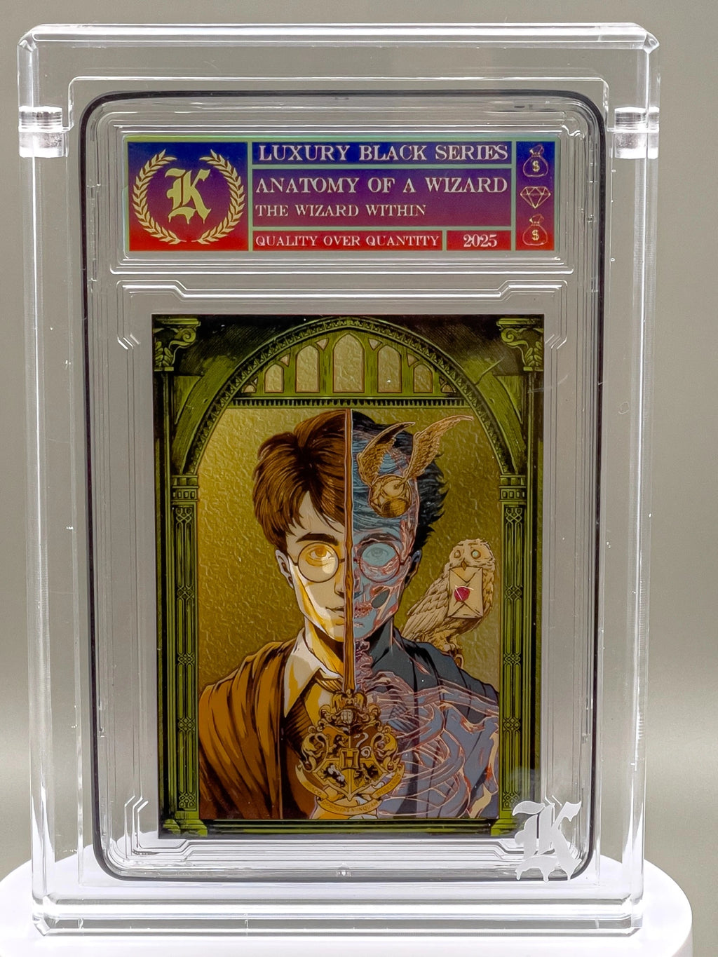 Card in a protective case with 'Luxury Black Series' branding and artwork of a wizard.