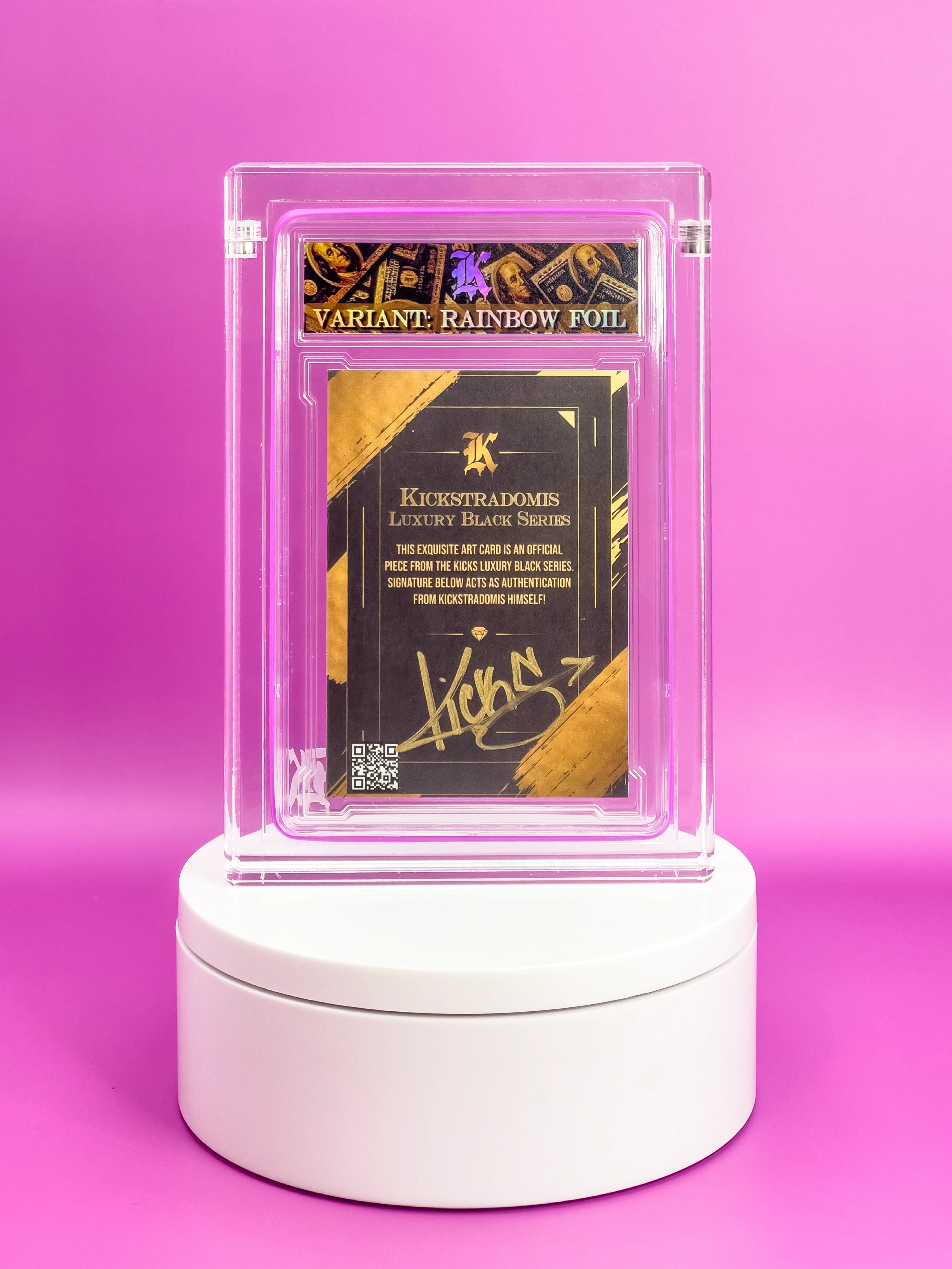 Collectible card in a protective case on a white platform with a pink background