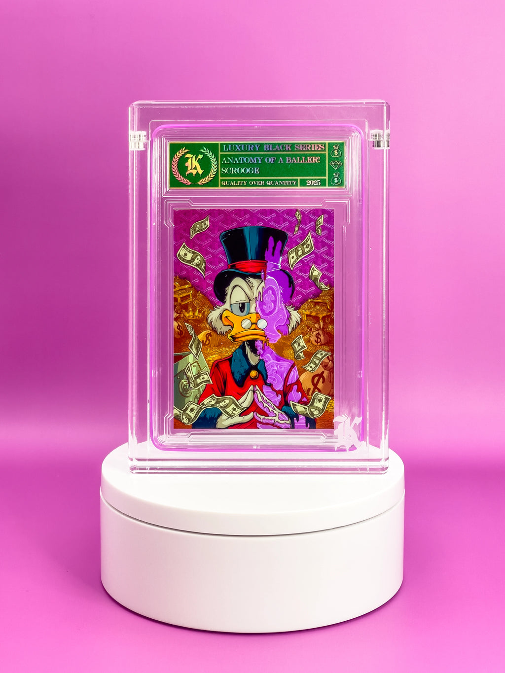 Collectible card in a clear display case on a pink background