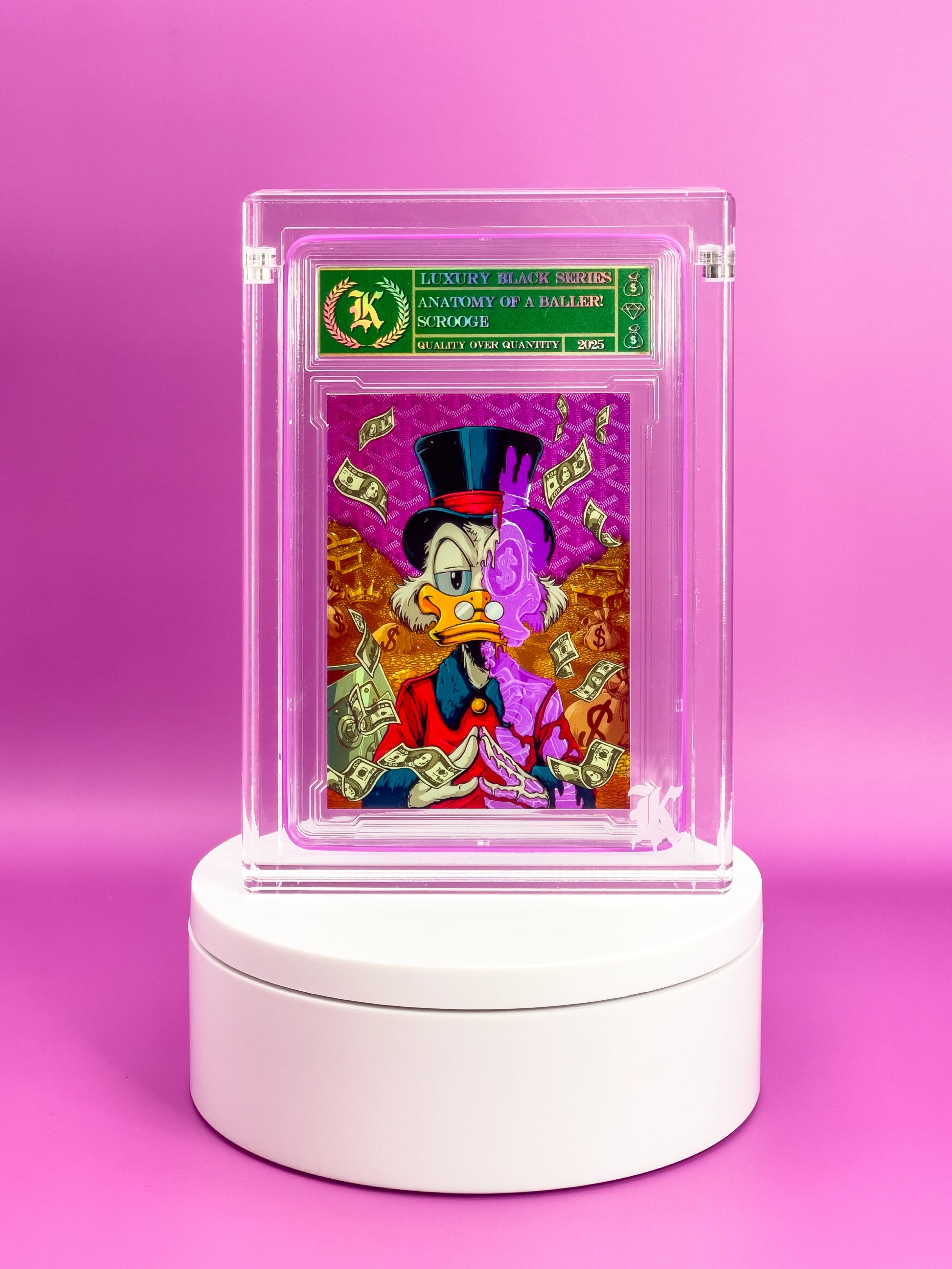 Collectible card in a clear display case on a pink background