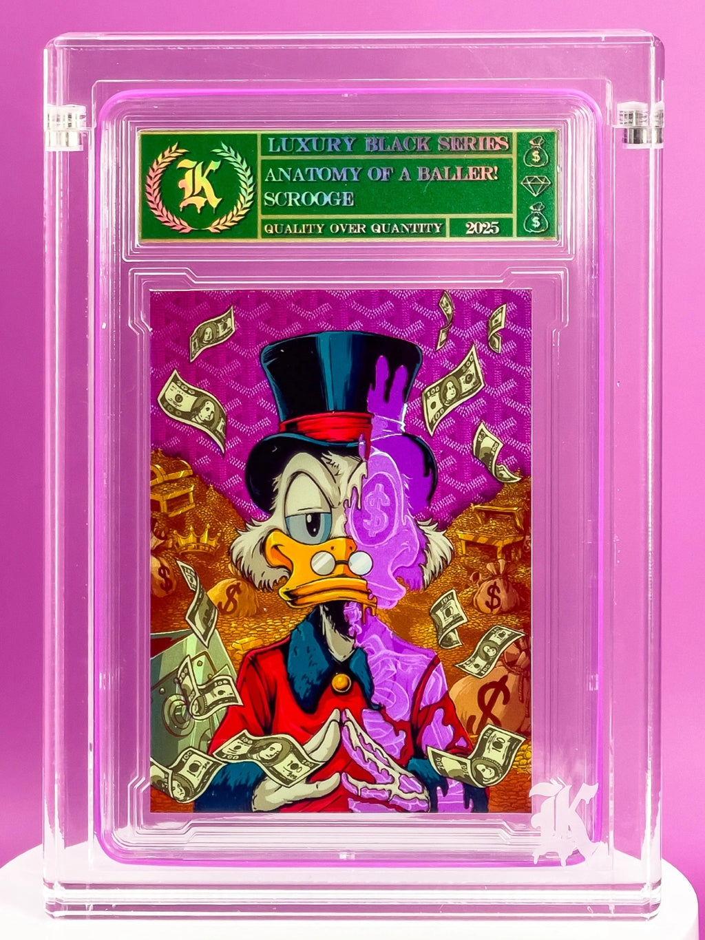 Card featuring a character in a top hat and coat with money-themed design, encased in a clear holder with pink border.